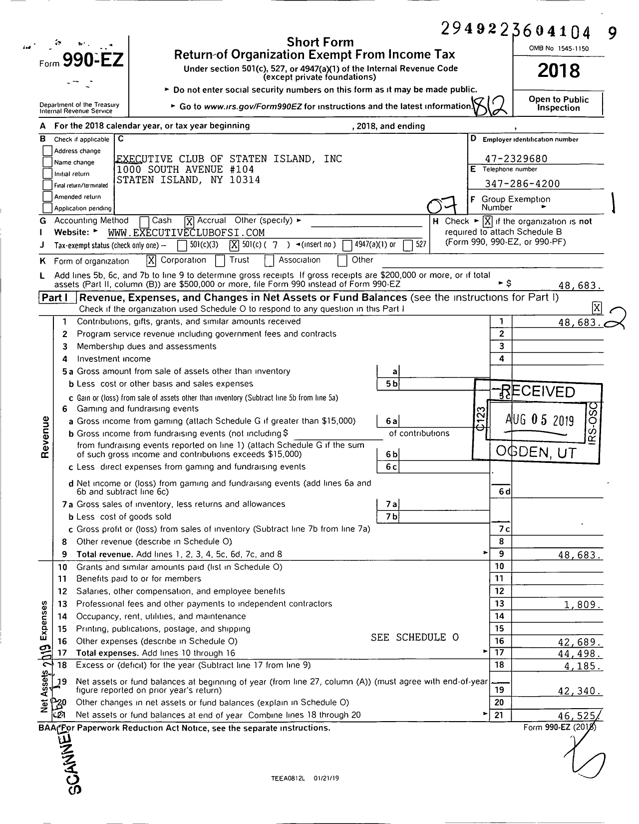 Image of first page of 2018 Form 990EO for Executive Club of Staten Island