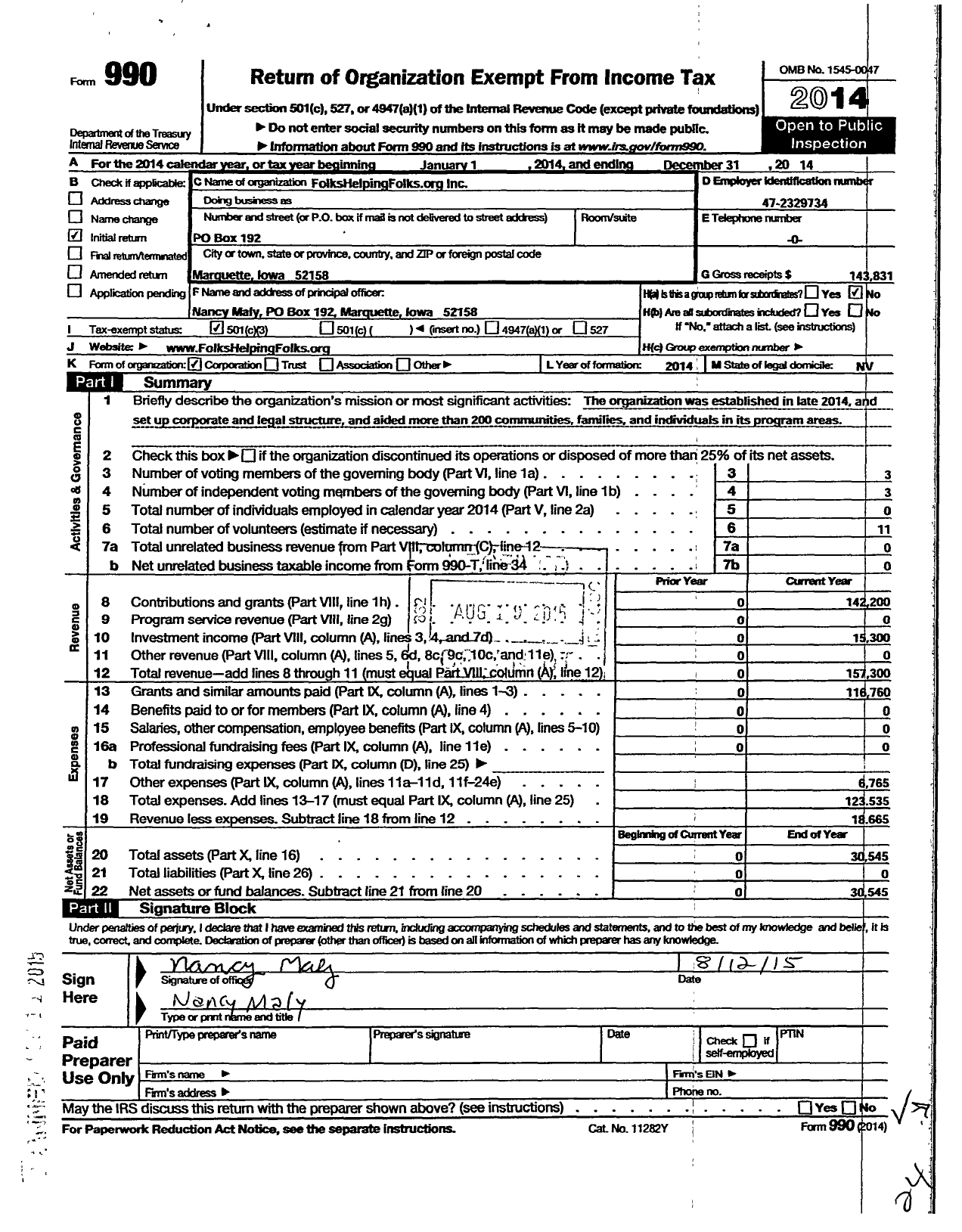 Image of first page of 2014 Form 990 for Folkshelpingfolks Org