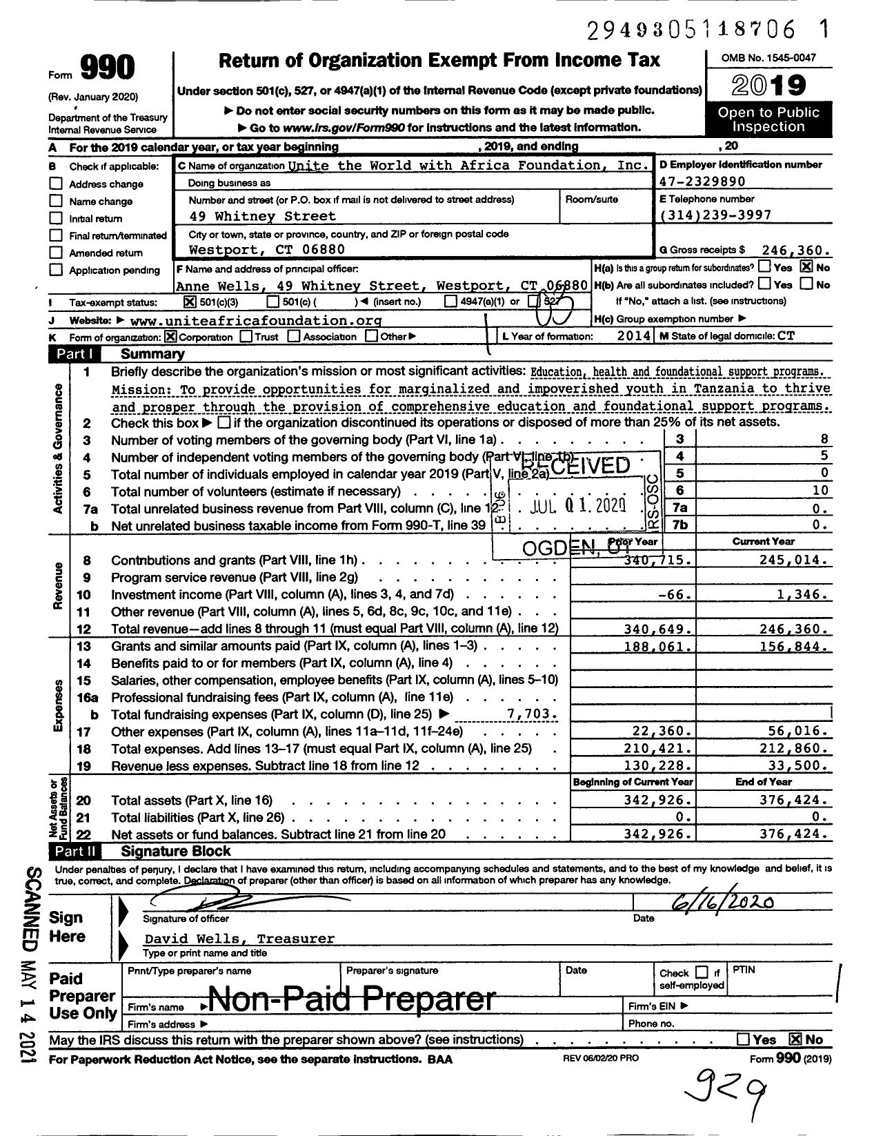 Image of first page of 2019 Form 990 for Unite the World with Africa Foundation