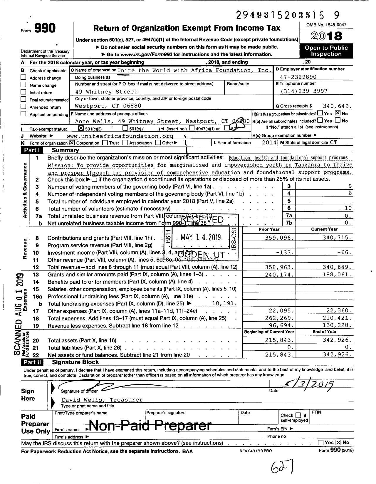 Image of first page of 2018 Form 990 for Unite the World with Africa Foundation