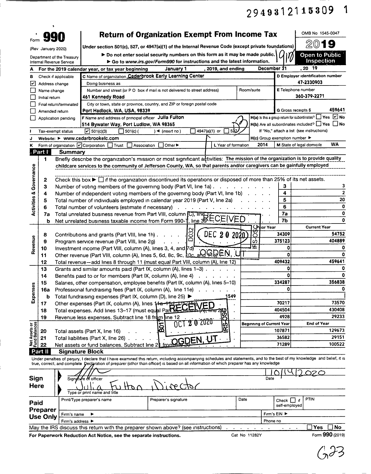 Image of first page of 2019 Form 990 for Cedarbrook Early Learning Center