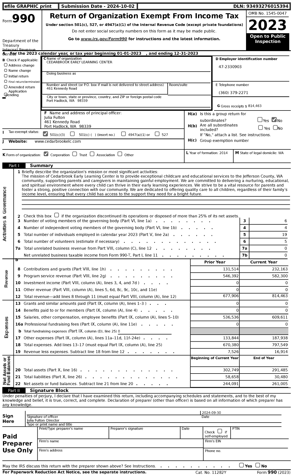 Image of first page of 2023 Form 990 for Cedarbrook Early Learning Center