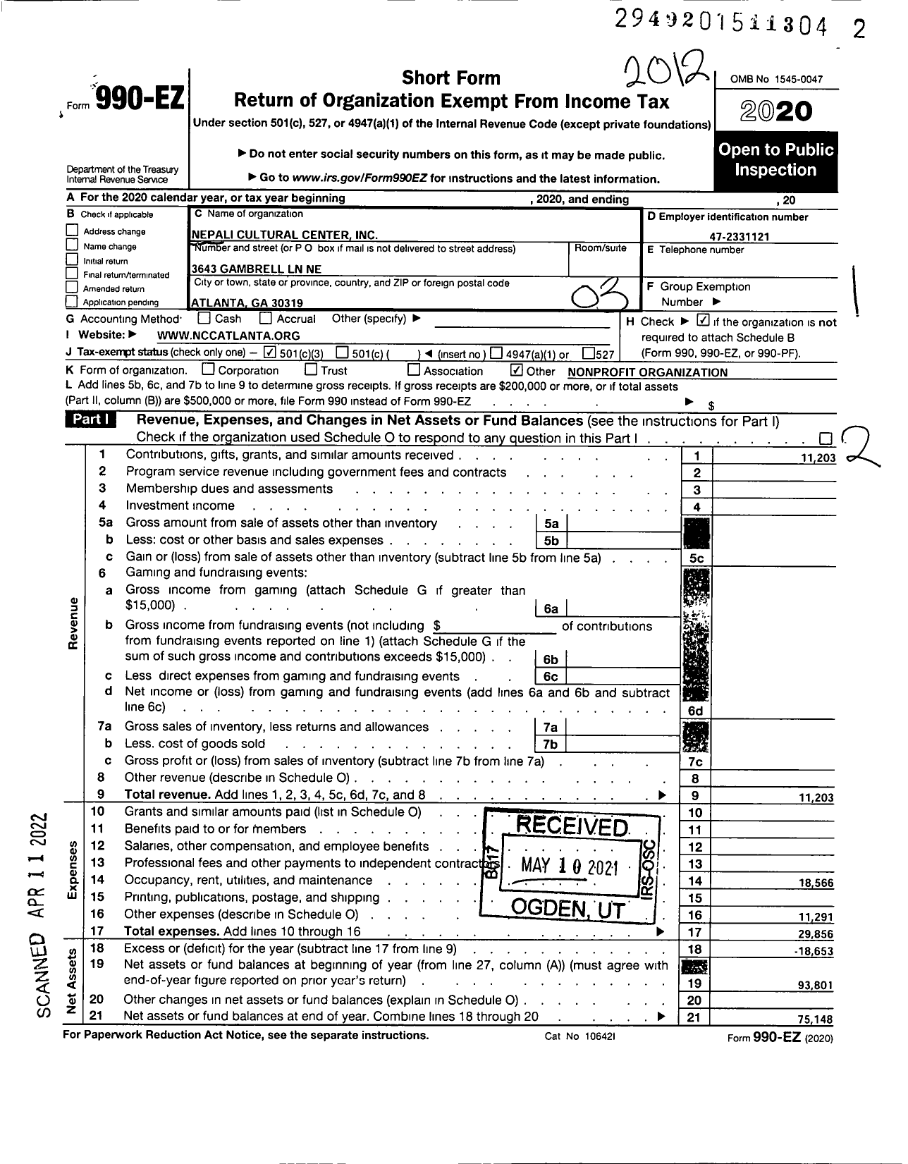 Image of first page of 2020 Form 990EZ for Nepali Cultural Center