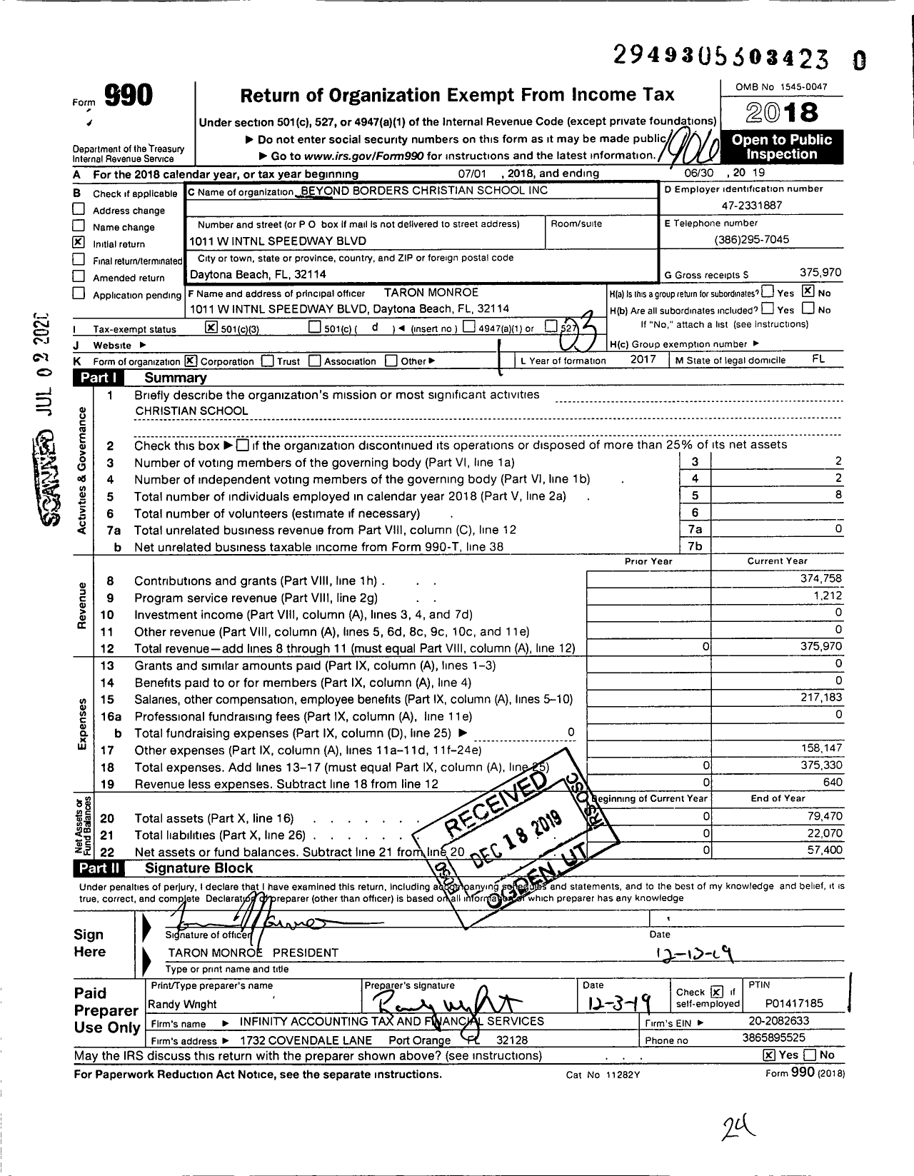 Image of first page of 2018 Form 990 for Beyond Borders Christian School