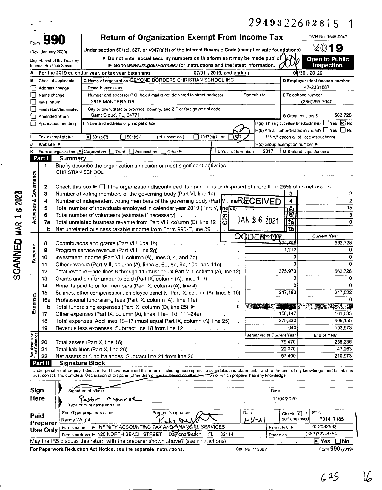 Image of first page of 2019 Form 990 for Beyond Borders Christian School