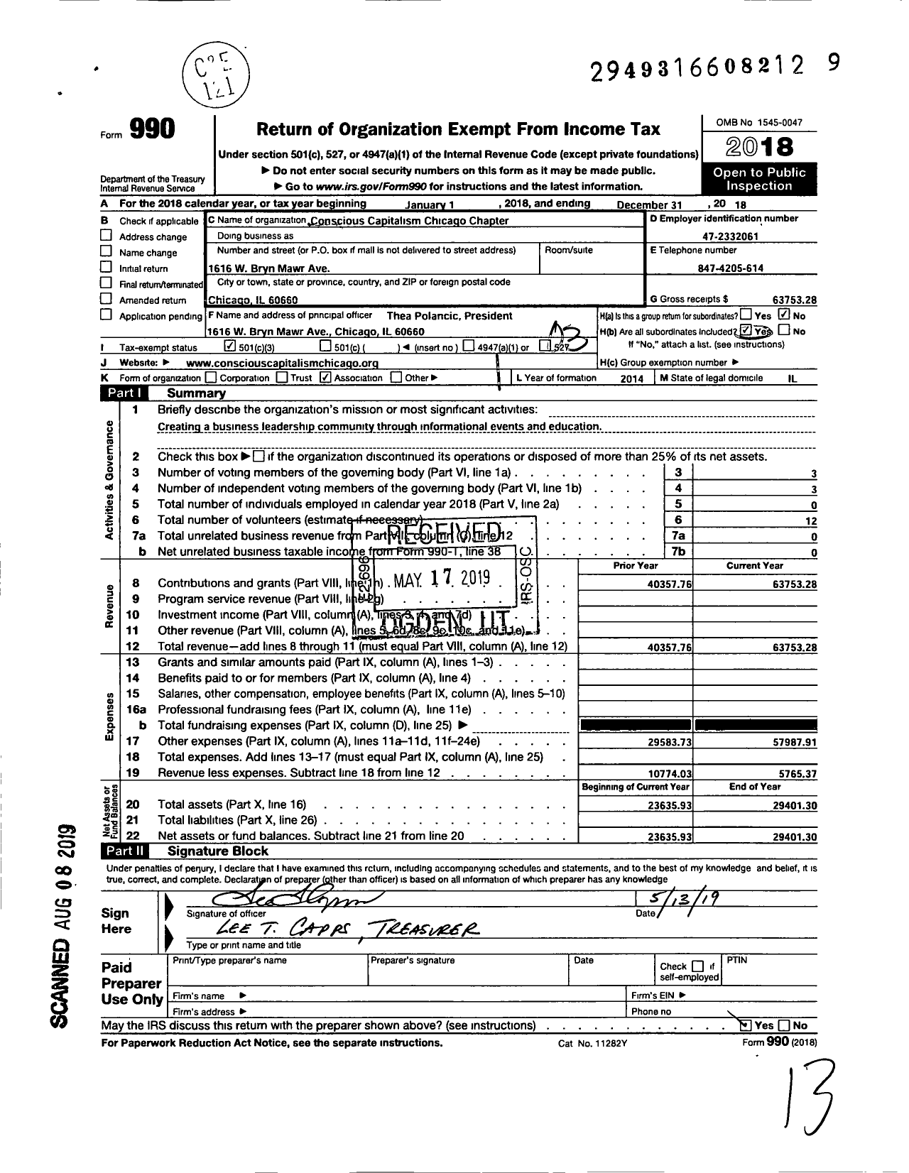 Image of first page of 2018 Form 990 for Conscious Capitalism Chicago Chapter