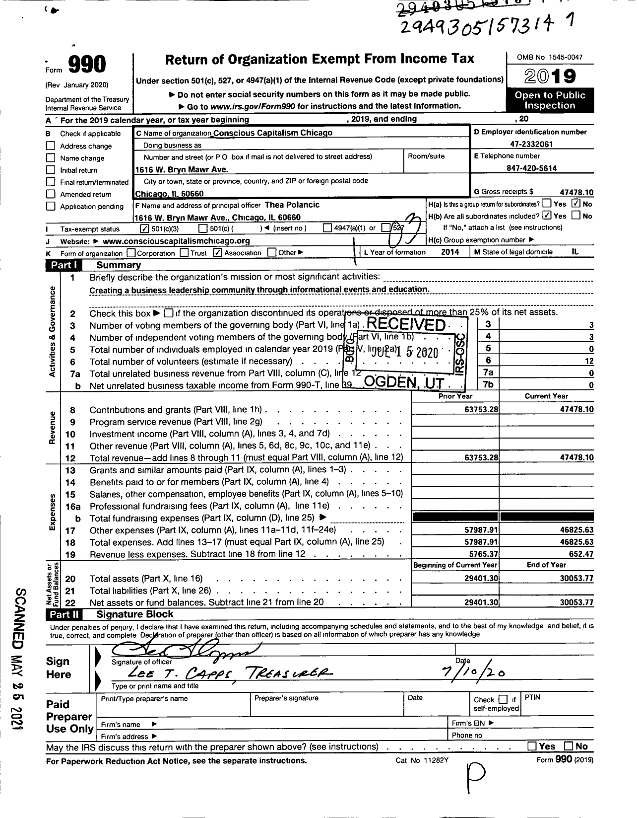 Image of first page of 2019 Form 990 for Conscious Capitalism Chicago Chapter