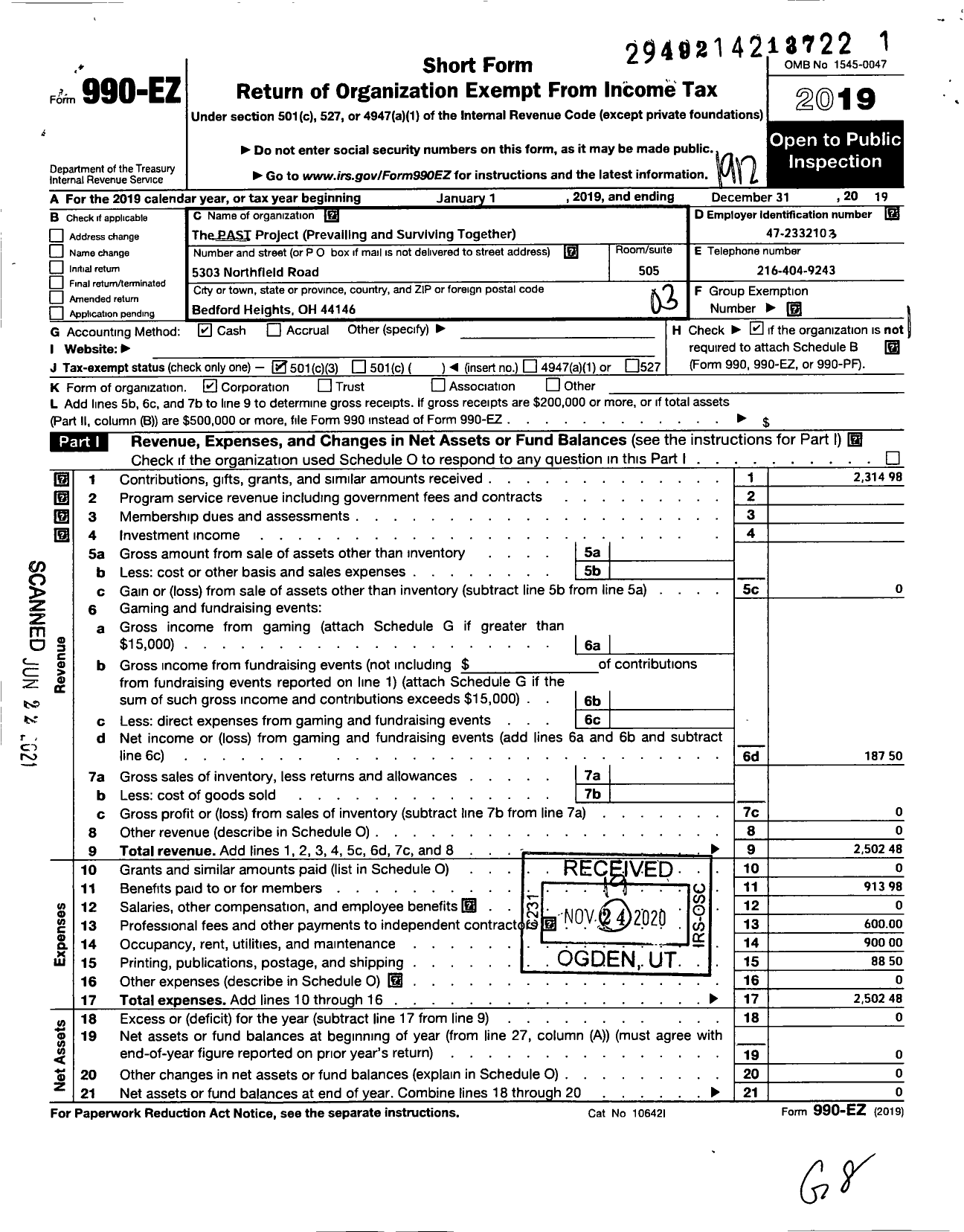 Image of first page of 2019 Form 990EZ for Past Project Prevailing and Surviving Together