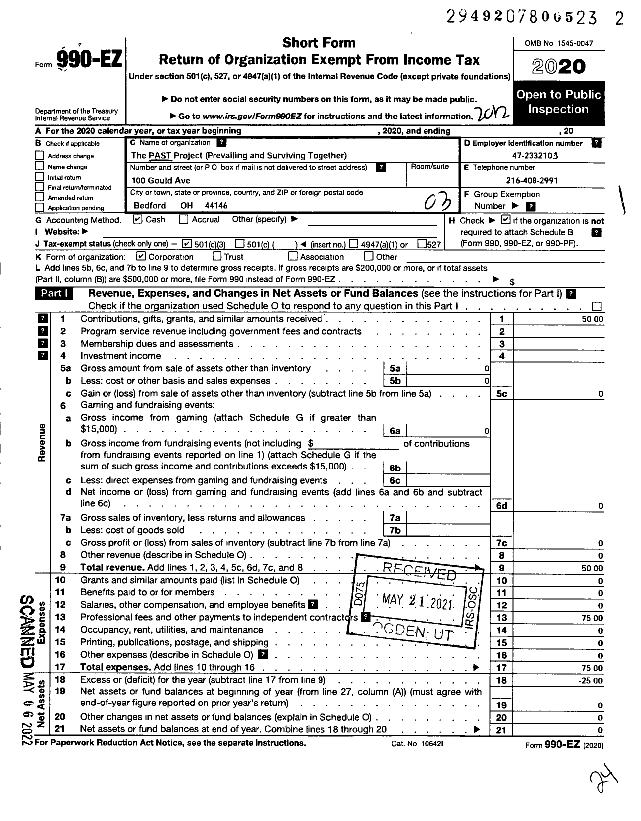 Image of first page of 2020 Form 990EZ for Past Project Prevailing and Surviving Together