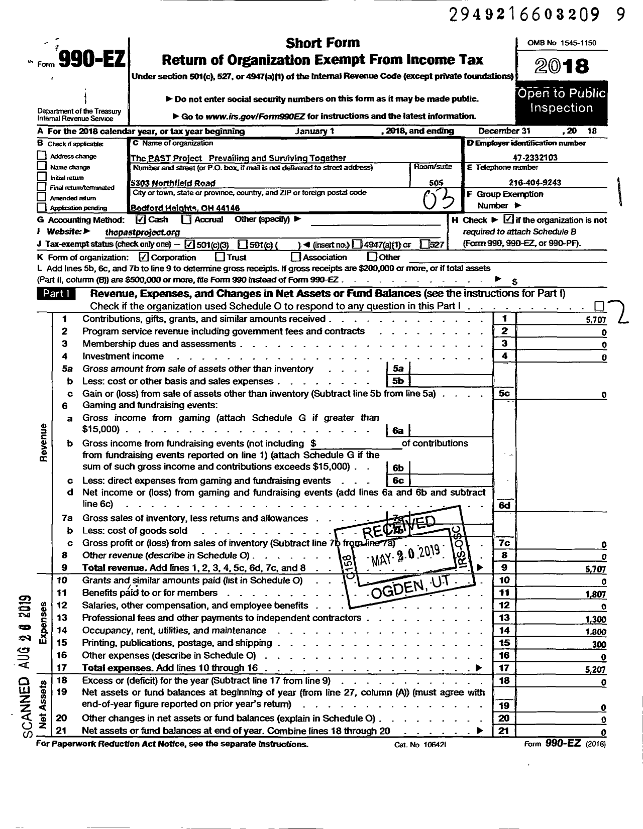 Image of first page of 2018 Form 990EZ for Past Project Prevailing and Surviving Together