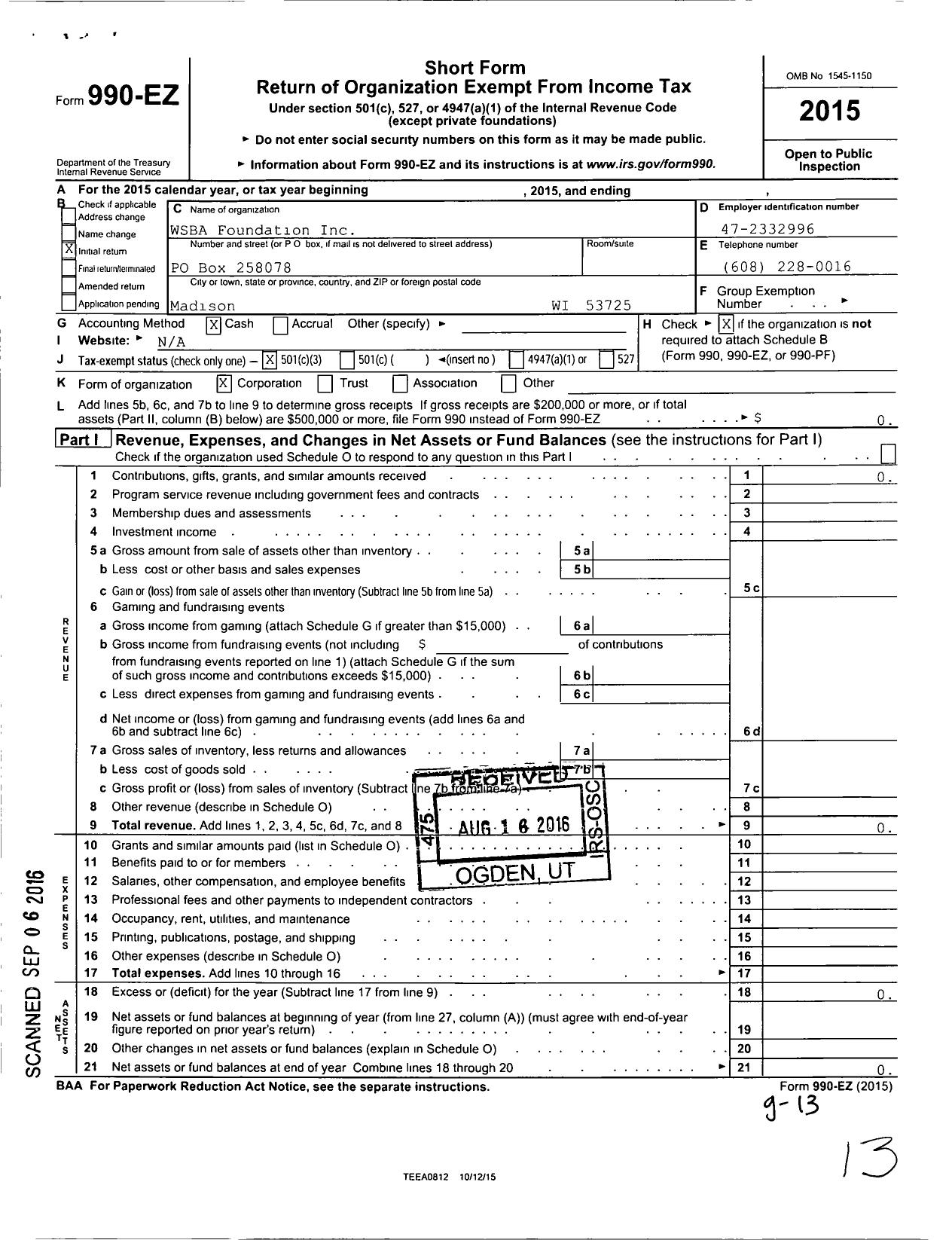Image of first page of 2015 Form 990EZ for WSBA Foundation
