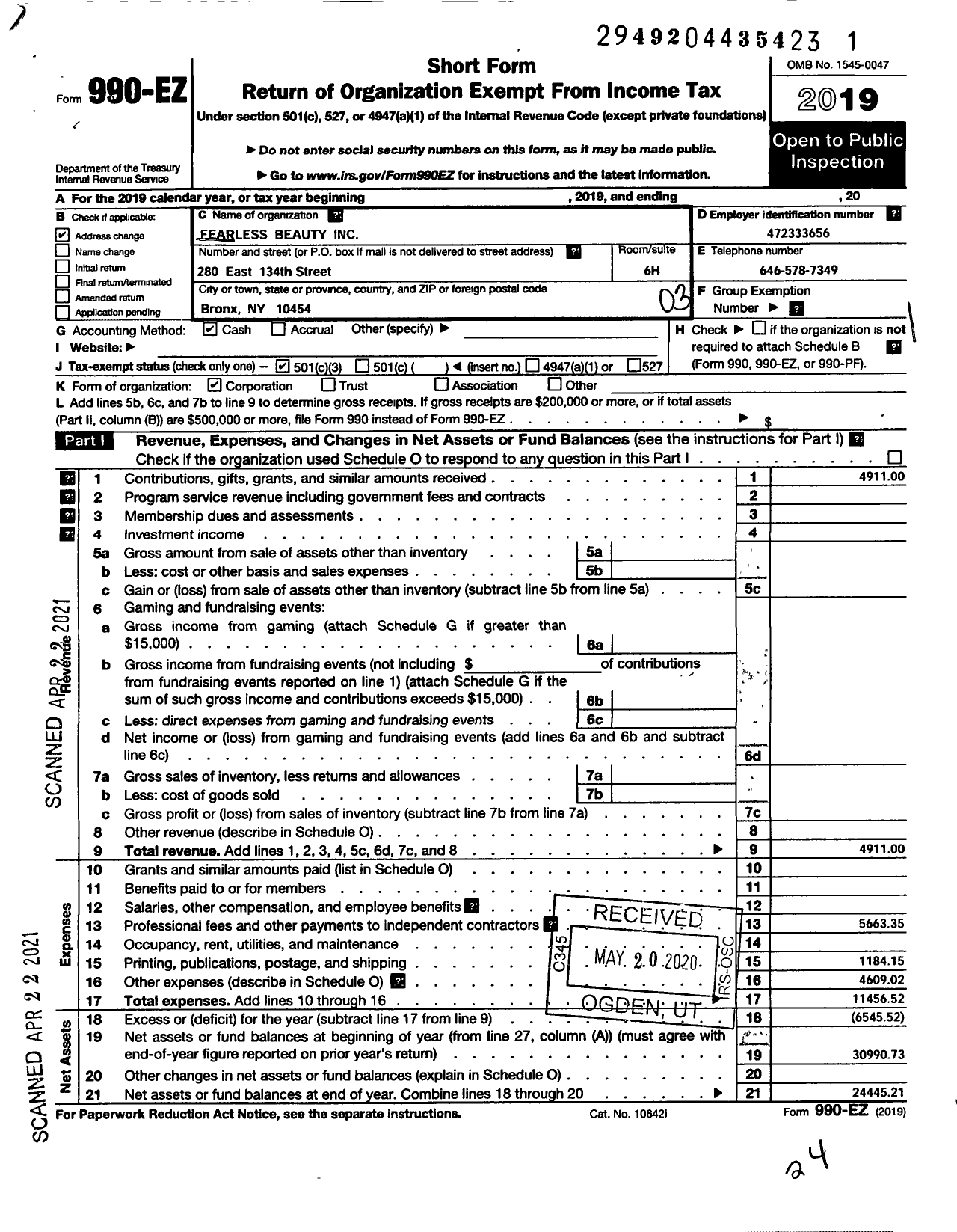 Image of first page of 2019 Form 990EZ for Fearless Beauty