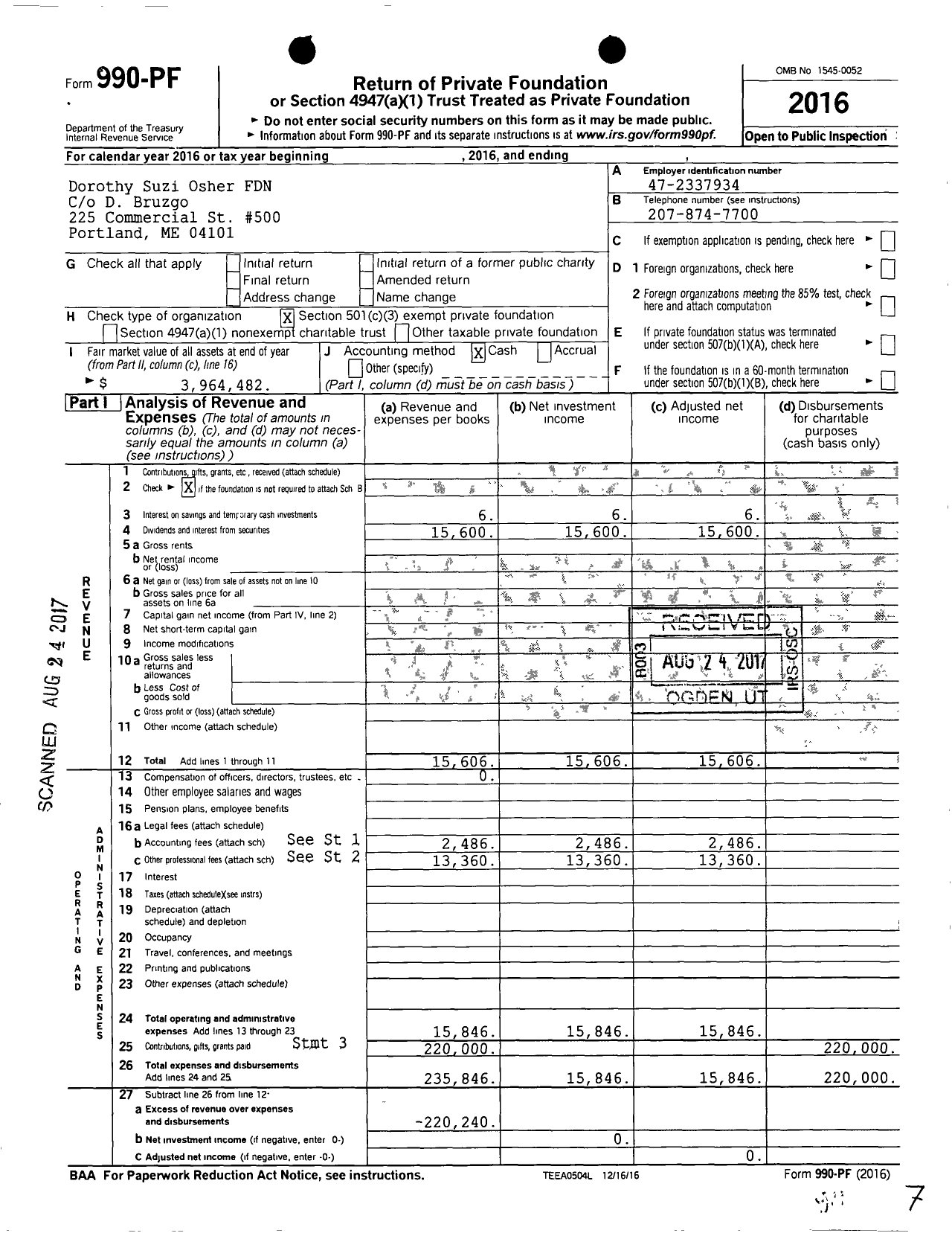 Image of first page of 2016 Form 990PF for Dorothy Suzi Osher FDN