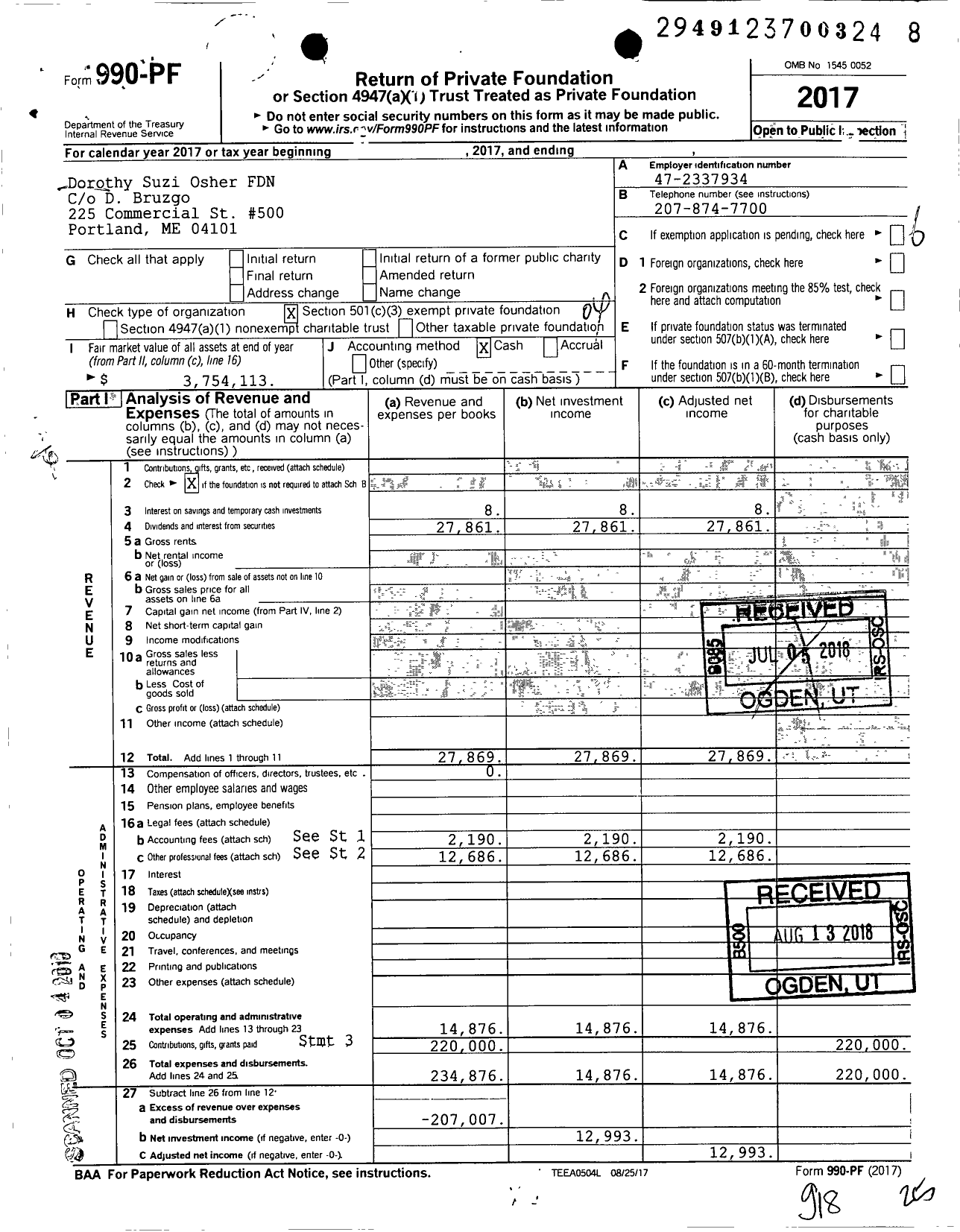 Image of first page of 2017 Form 990PF for Dorothy Suzi Osher FDN