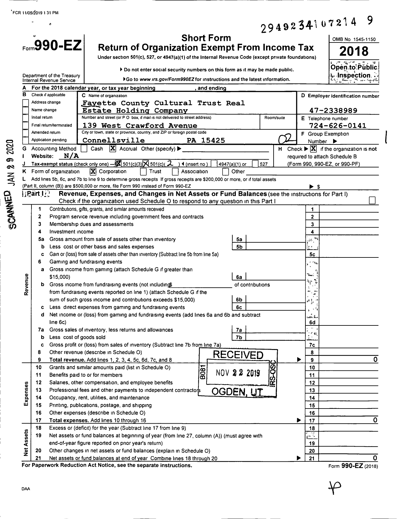 Image of first page of 2018 Form 990EO for Fayette County Cultural Trust Real Estate Holding Company