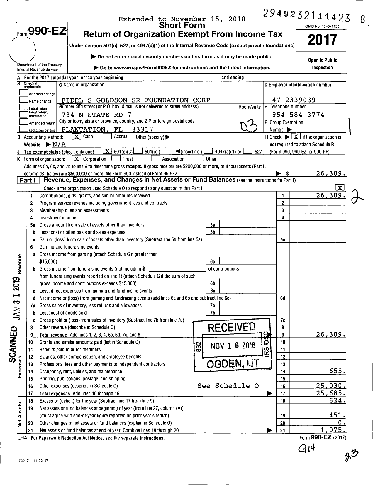 Image of first page of 2017 Form 990EZ for Fidel S Goldson SR Foundation Corporation