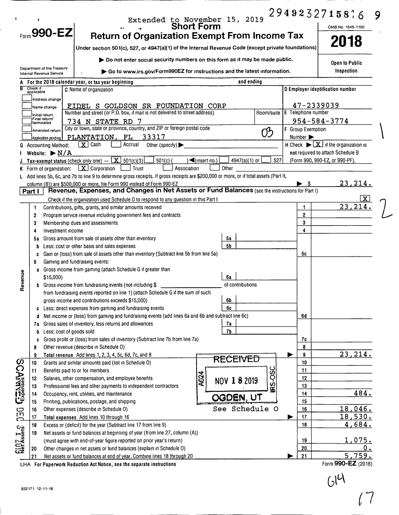 Image of first page of 2018 Form 990EZ for Fidel S Goldson SR Foundation Corporation