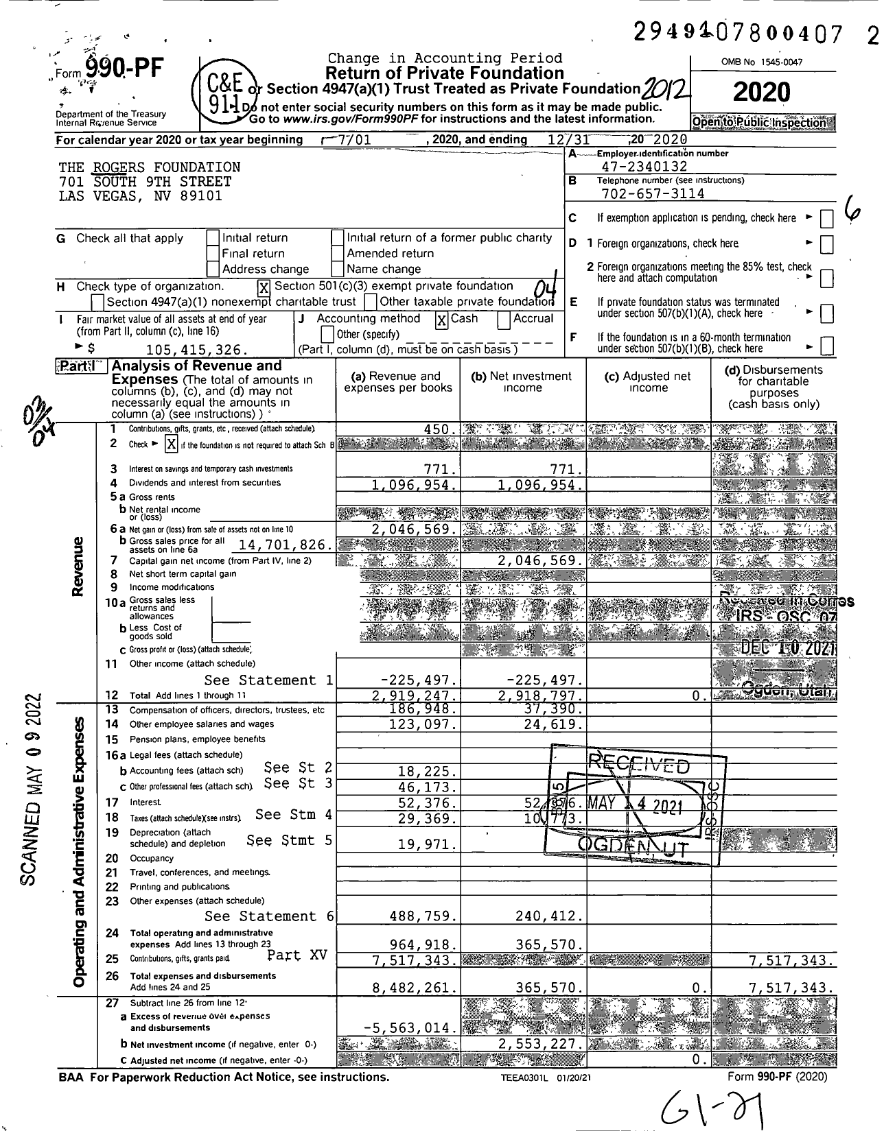 Image of first page of 2020 Form 990PF for The Rogers Foundation