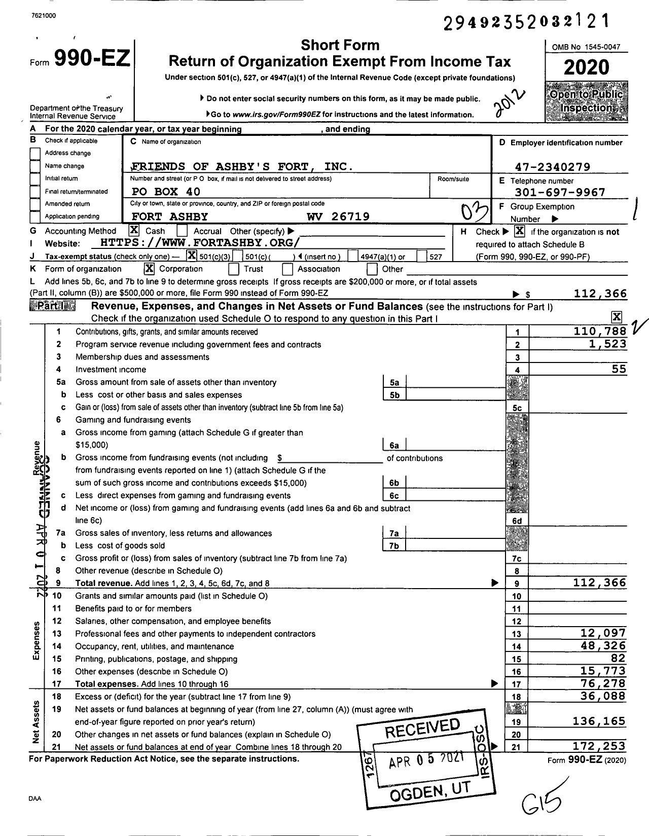 Image of first page of 2020 Form 990EZ for Friends of Ashby's Fort