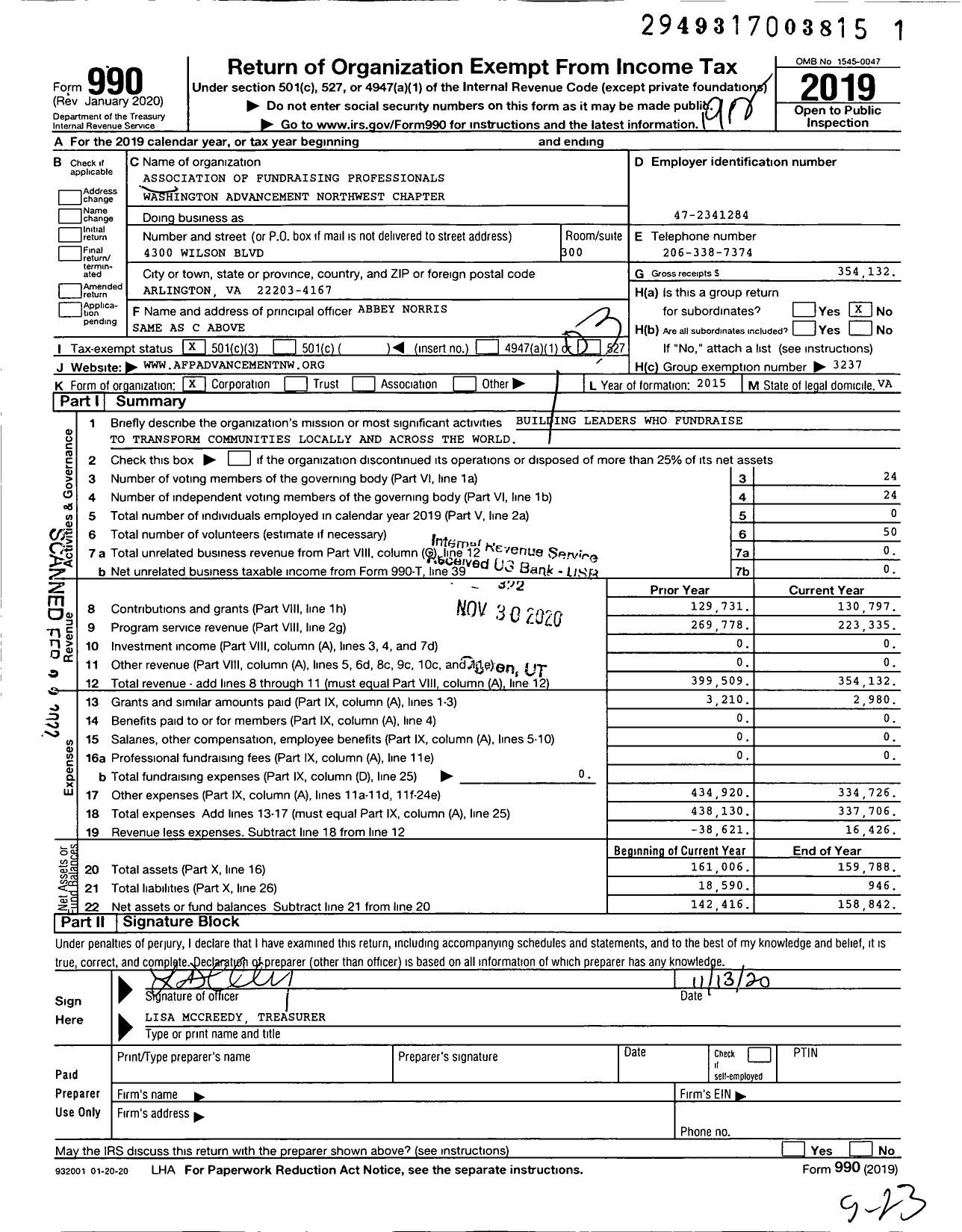 Image of first page of 2019 Form 990 for Association of Fundraising Professionals - Washington Advancement NW Chap