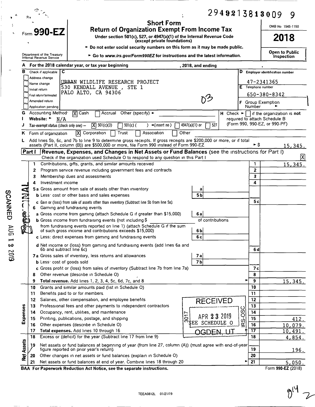 Image of first page of 2018 Form 990EZ for Urban Wildlife Research Project