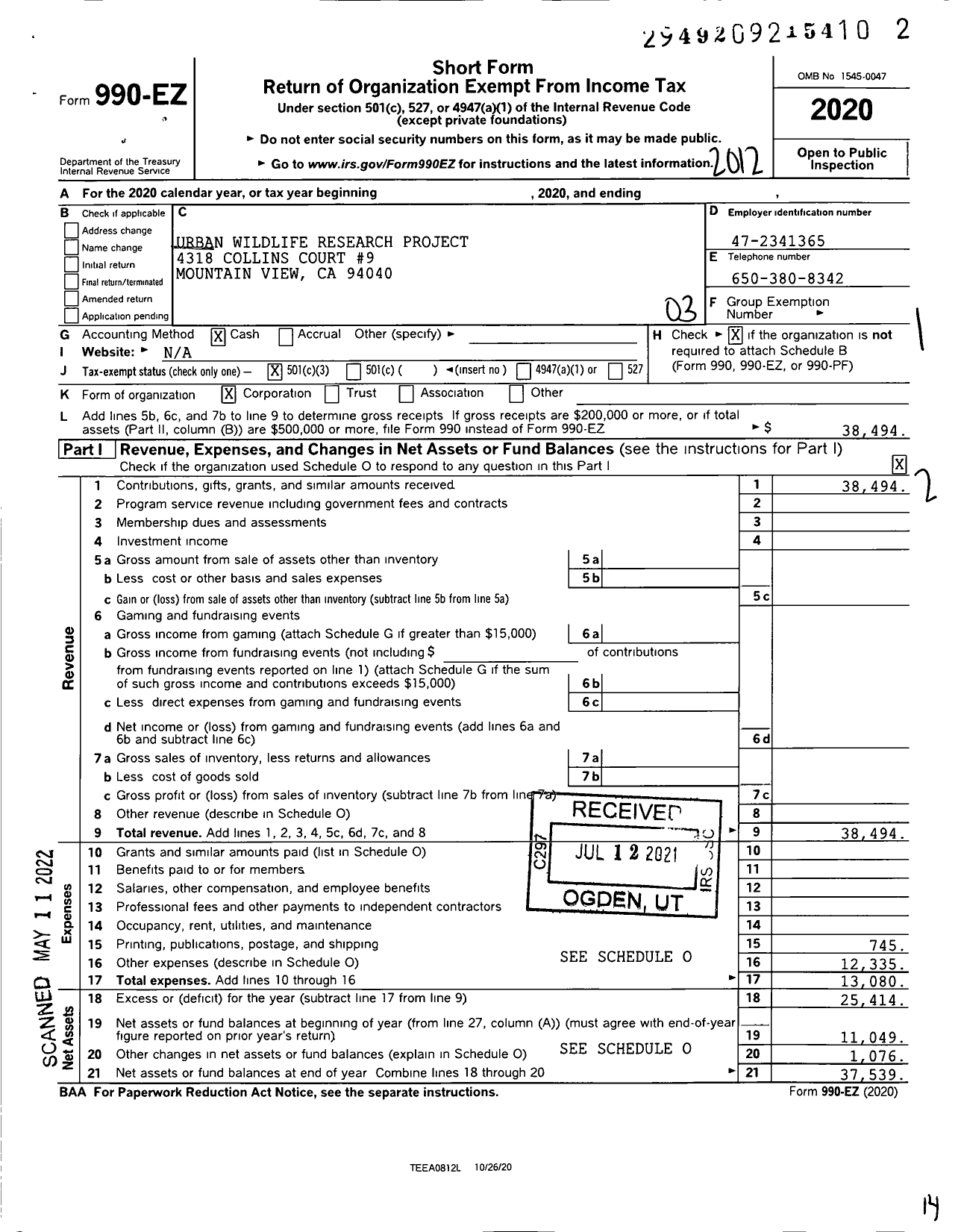 Image of first page of 2020 Form 990EZ for Urban Wildlife Research Project