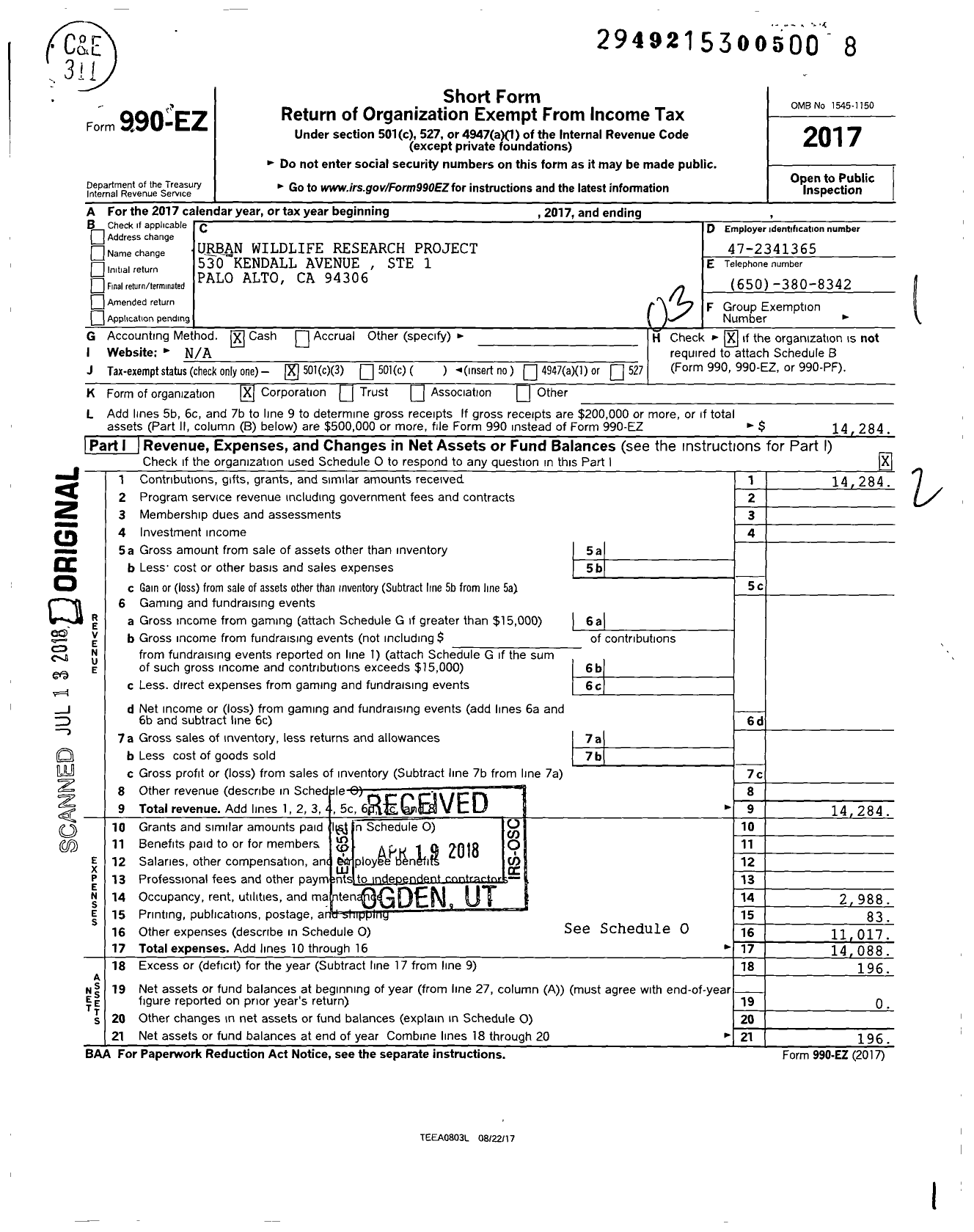 Image of first page of 2017 Form 990EZ for Urban Wildlife Research Project