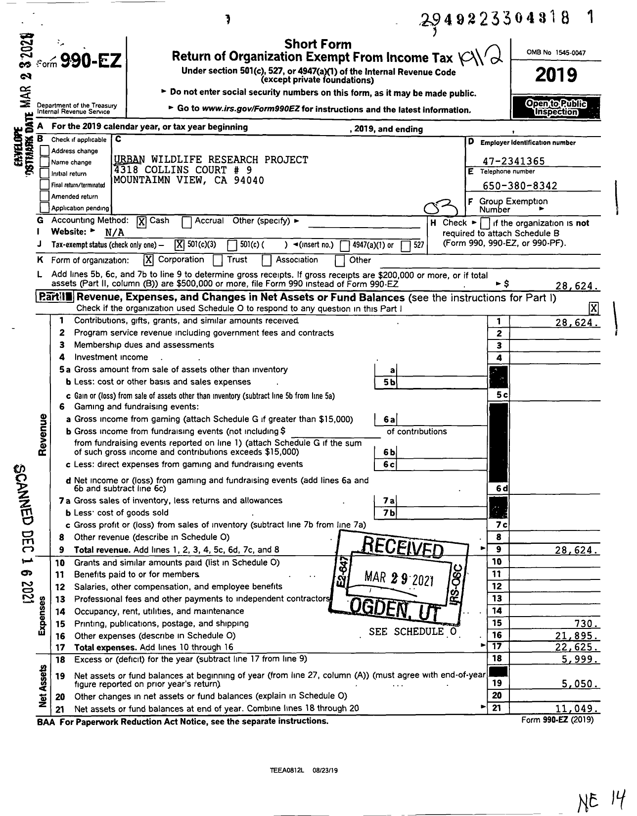 Image of first page of 2019 Form 990EZ for Urban Wildlife Research Project