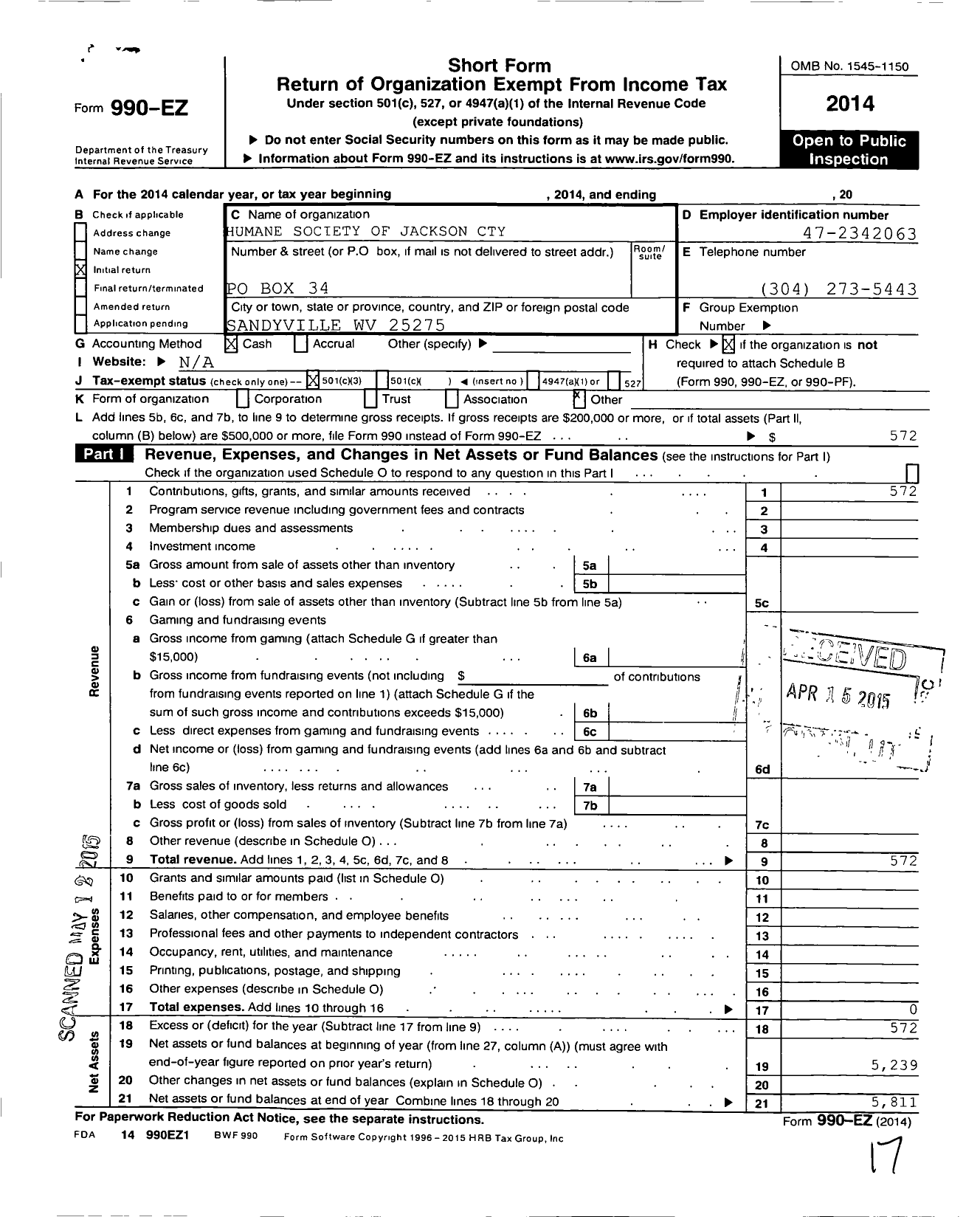 Image of first page of 2014 Form 990EZ for Humane Society of Jackson County