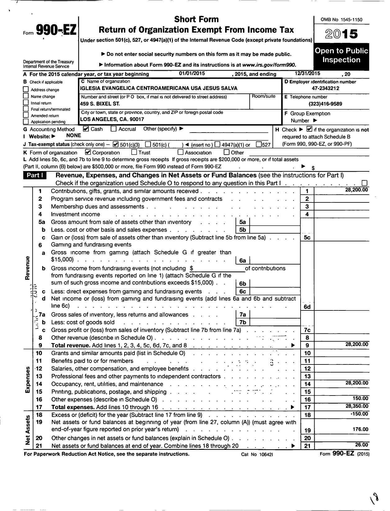 Image of first page of 2015 Form 990EZ for Iglesia Evangelica Centroamericana USA Jesus Salva