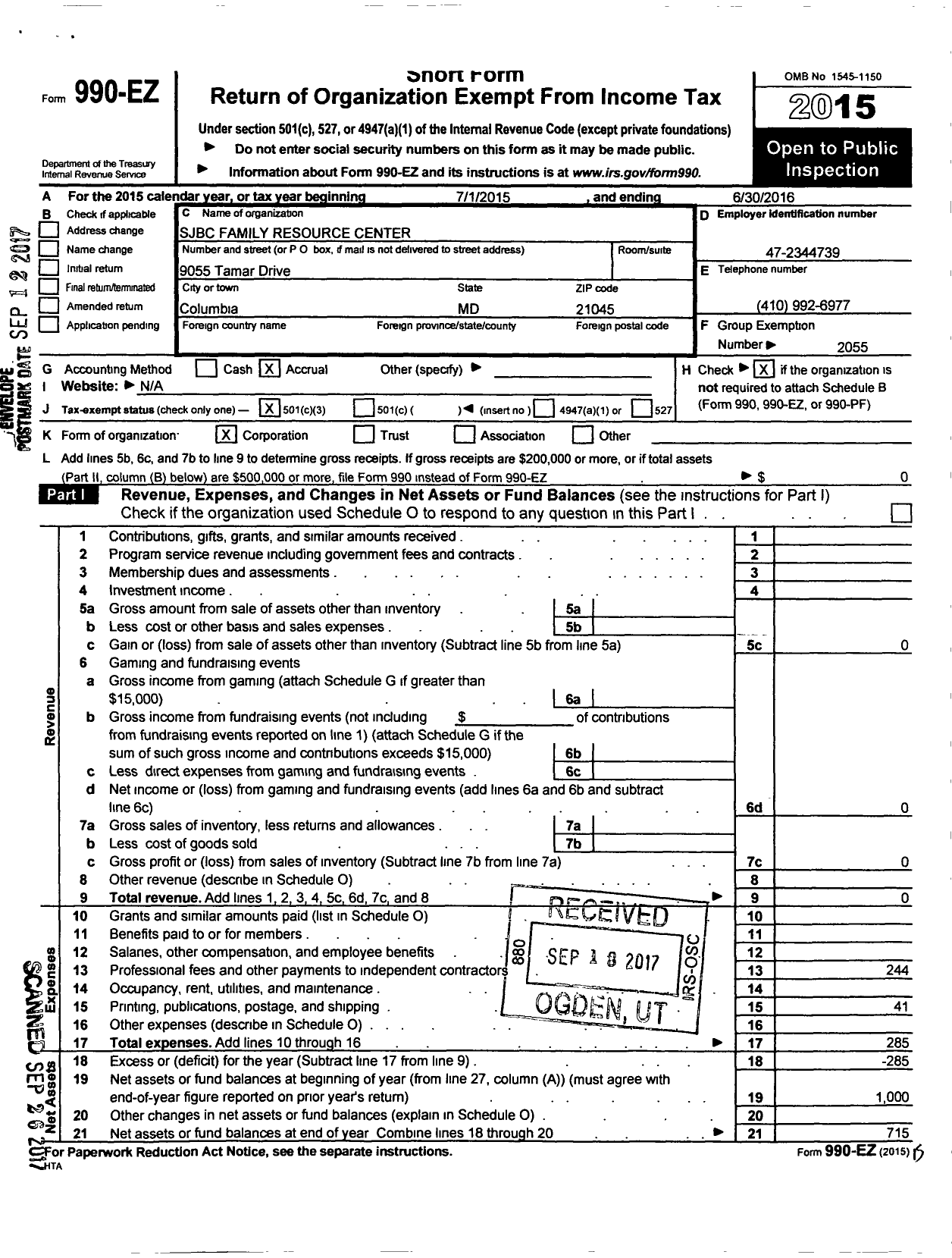 Image of first page of 2015 Form 990EZ for SJBC Family Resource Center