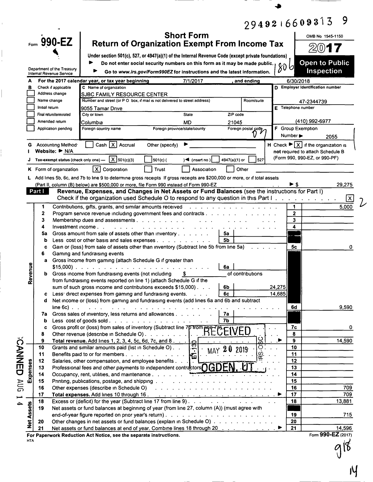 Image of first page of 2017 Form 990EZ for SJBC Family Resource Center