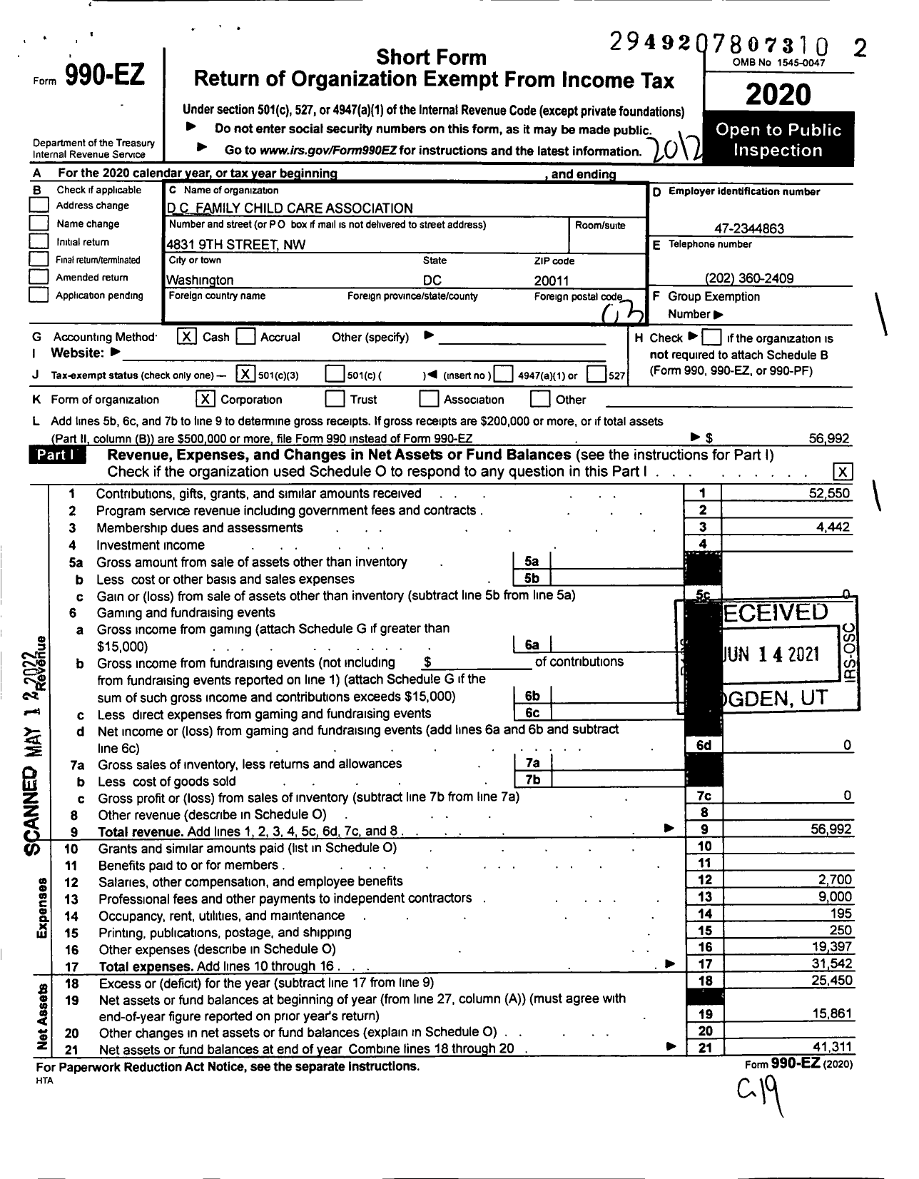 Image of first page of 2020 Form 990EZ for DC Family Child Care Association