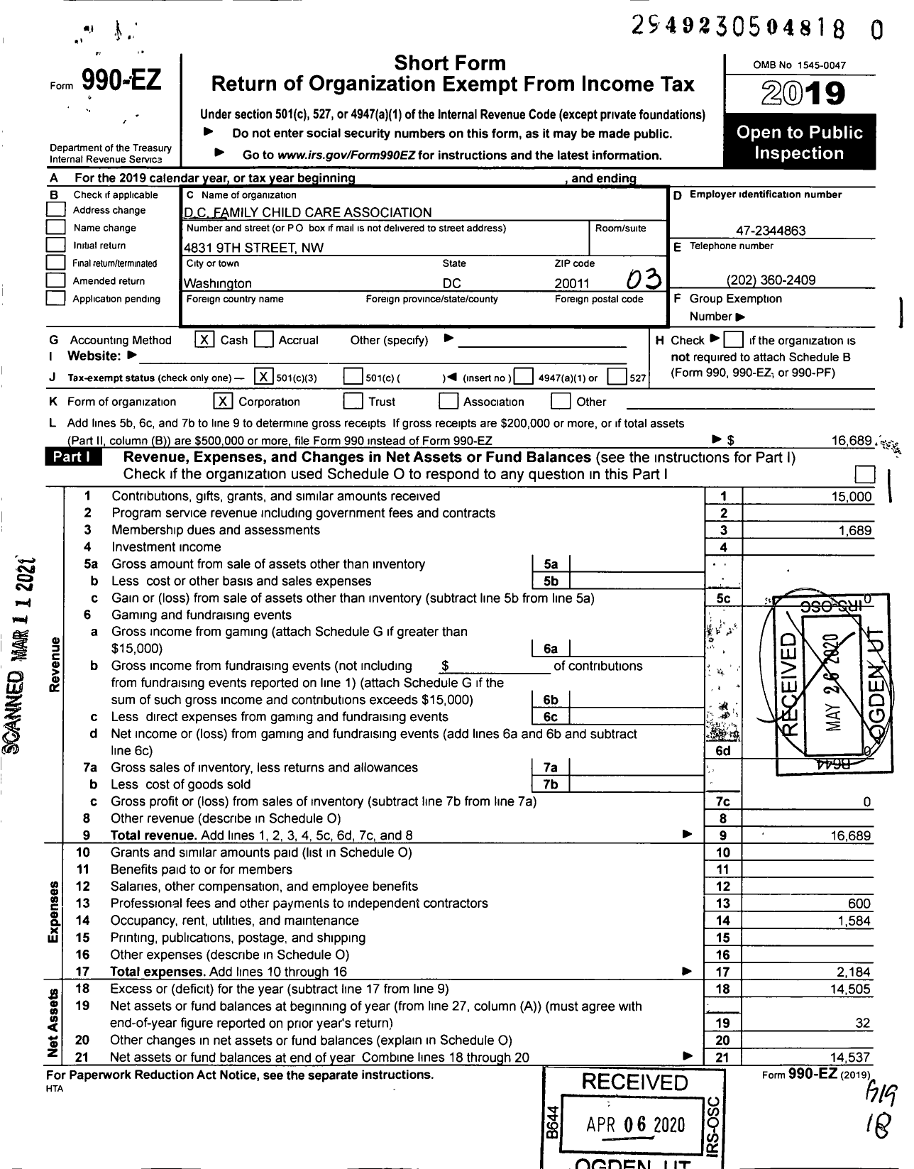 Image of first page of 2019 Form 990EZ for DC Family Child Care Association