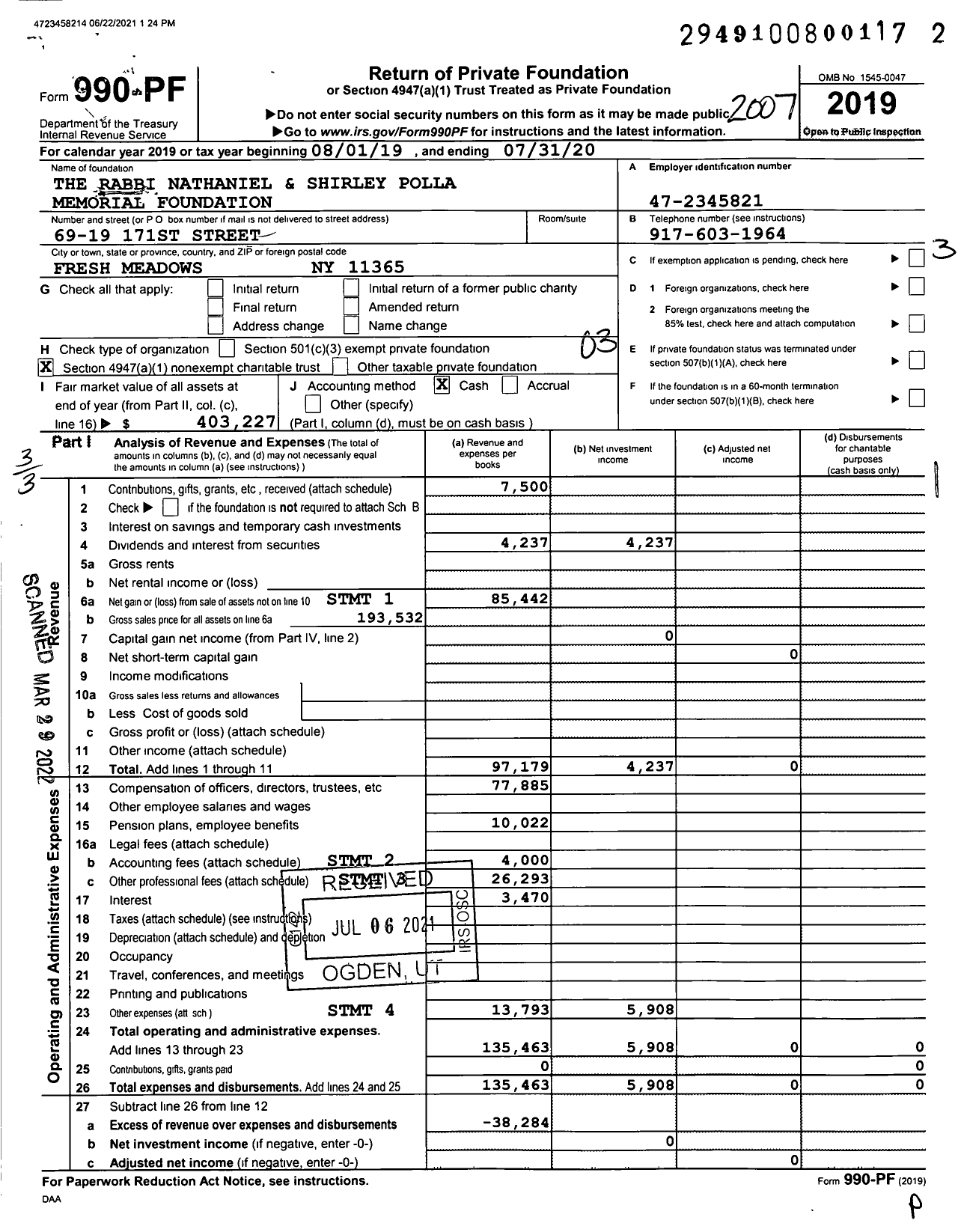 Image of first page of 2019 Form 990PF for The Rabbi Nathaniel and Shirley Polla Memorial Foundation