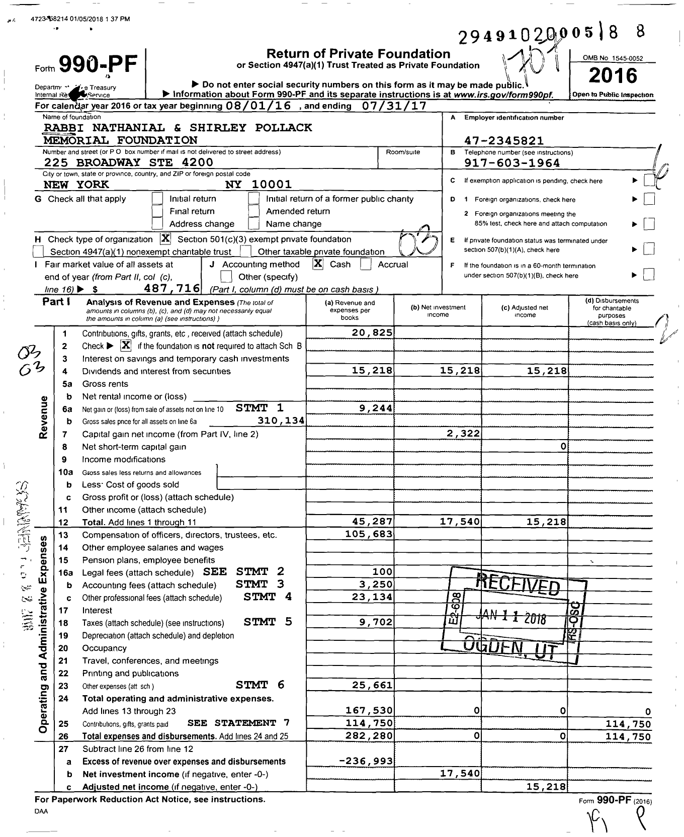 Image of first page of 2016 Form 990PF for The Rabbi Nathaniel and Shirley Polla Memorial Foundation