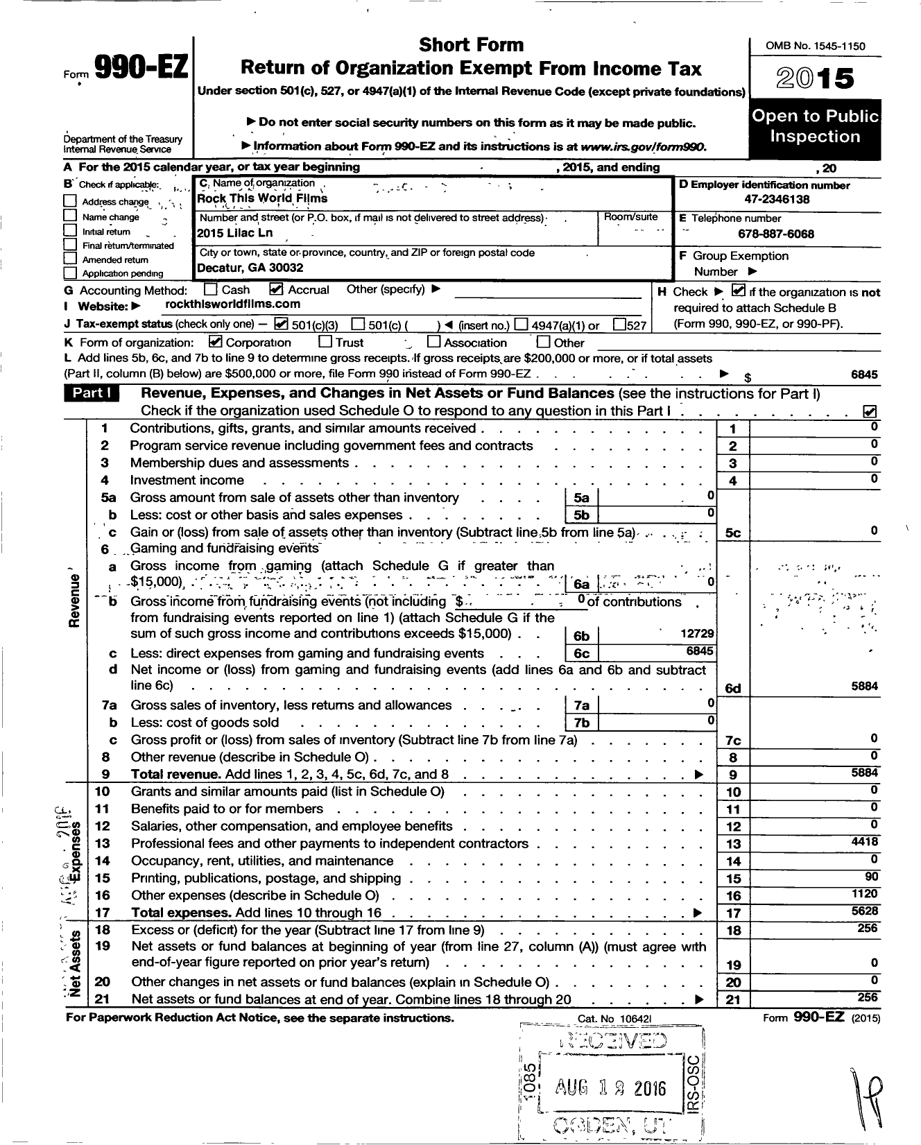 Image of first page of 2015 Form 990EZ for Rock This World Productions