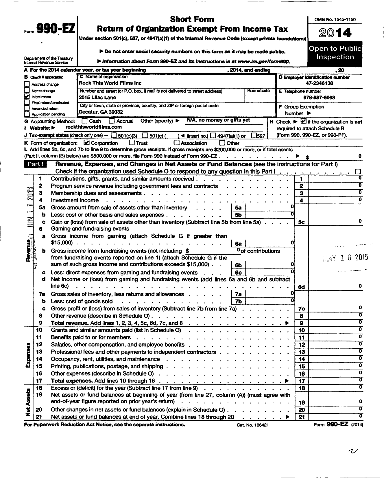 Image of first page of 2014 Form 990EO for Rock This World Productions