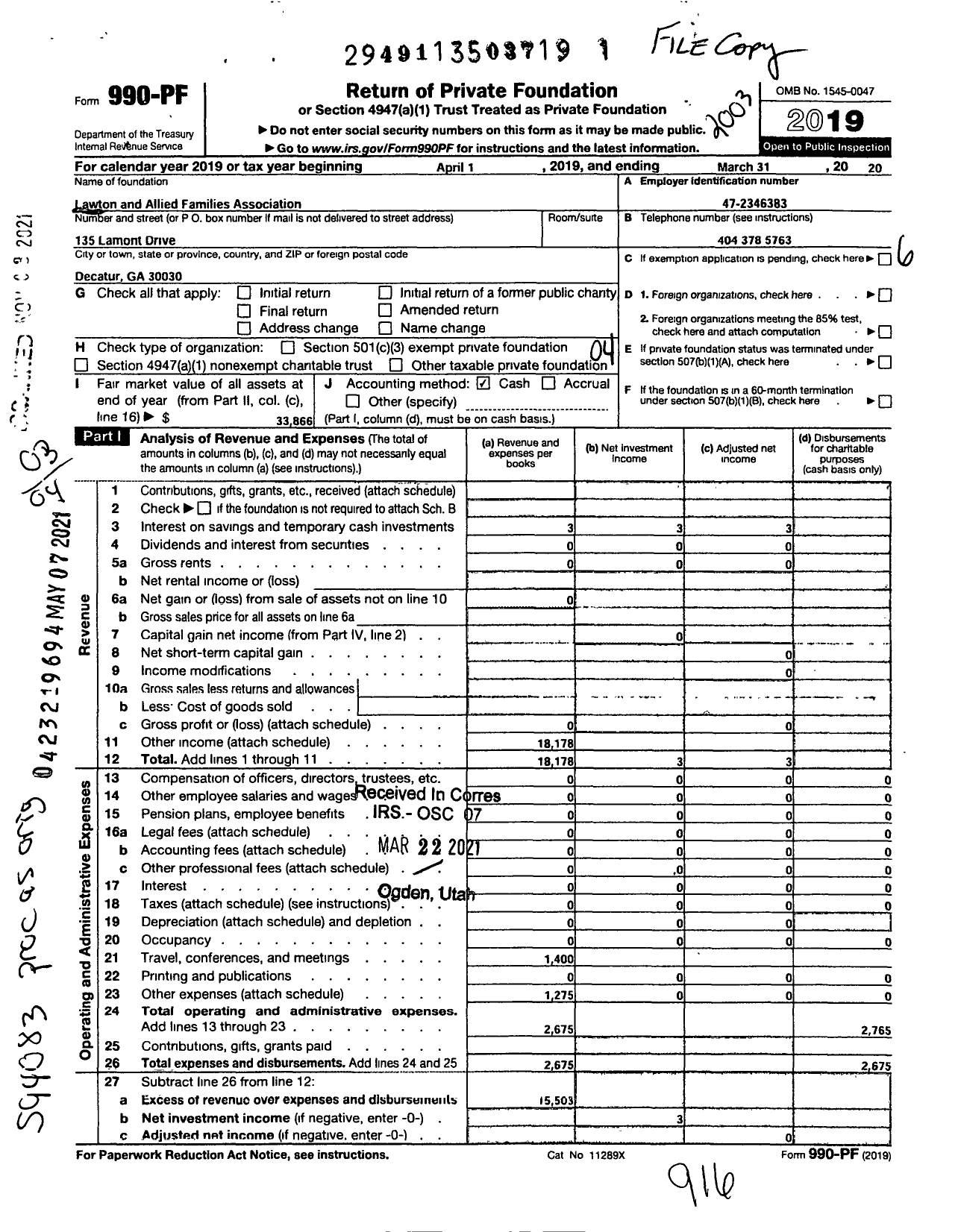 Image of first page of 2019 Form 990PF for Lawton and Allied Families Association