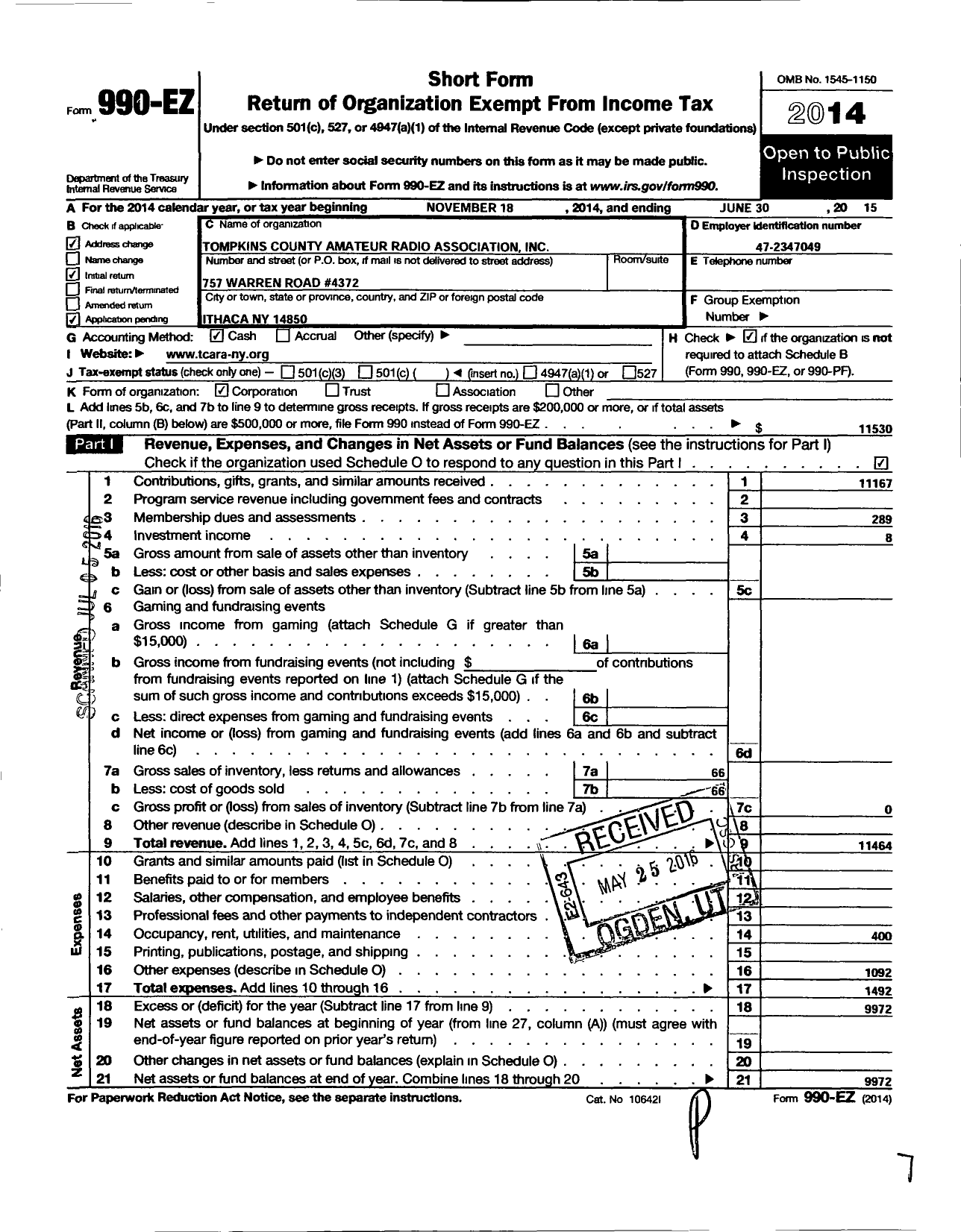 Image of first page of 2014 Form 990EO for Tompkins County Amateur Radio Association