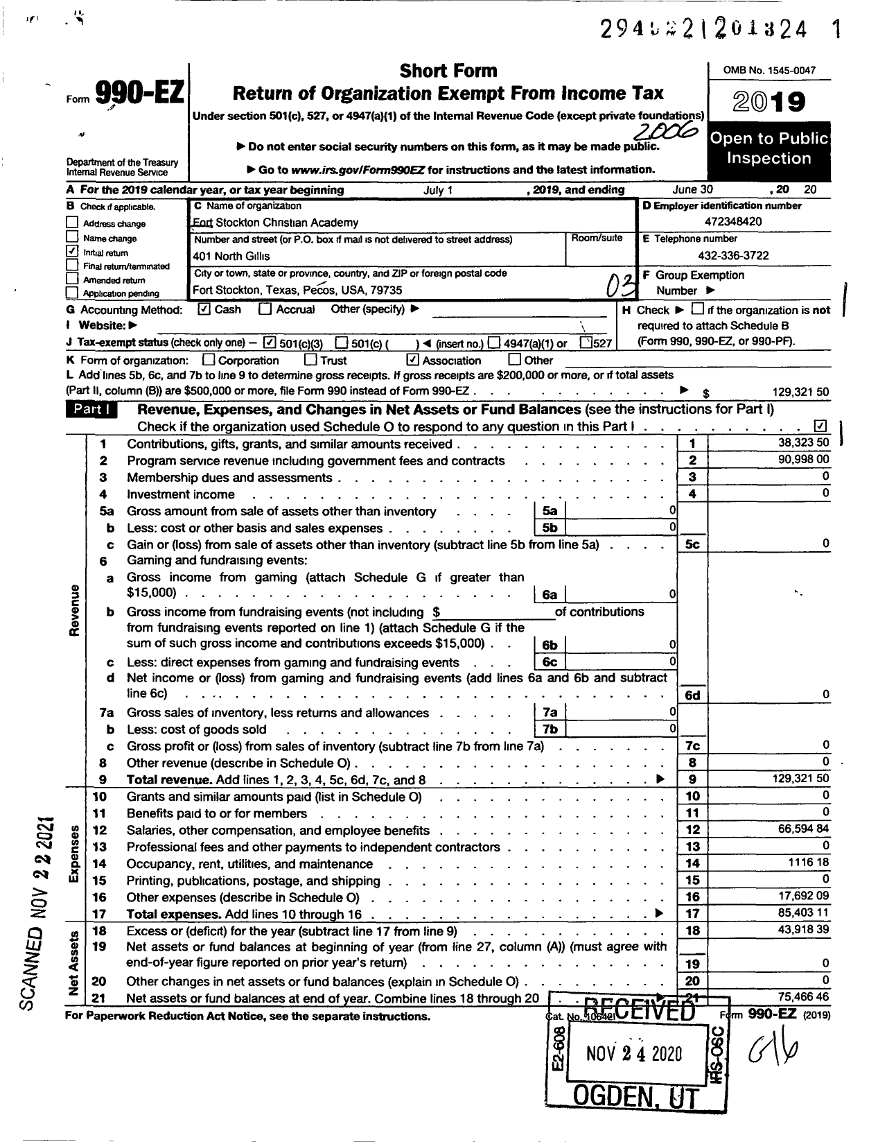 Image of first page of 2019 Form 990EZ for Fort Stockton Christian Academy