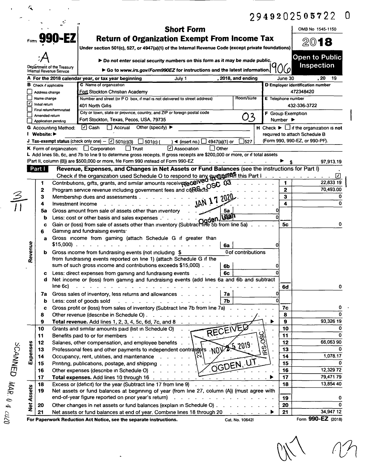 Image of first page of 2018 Form 990EZ for Fort Stockton Christian Academy