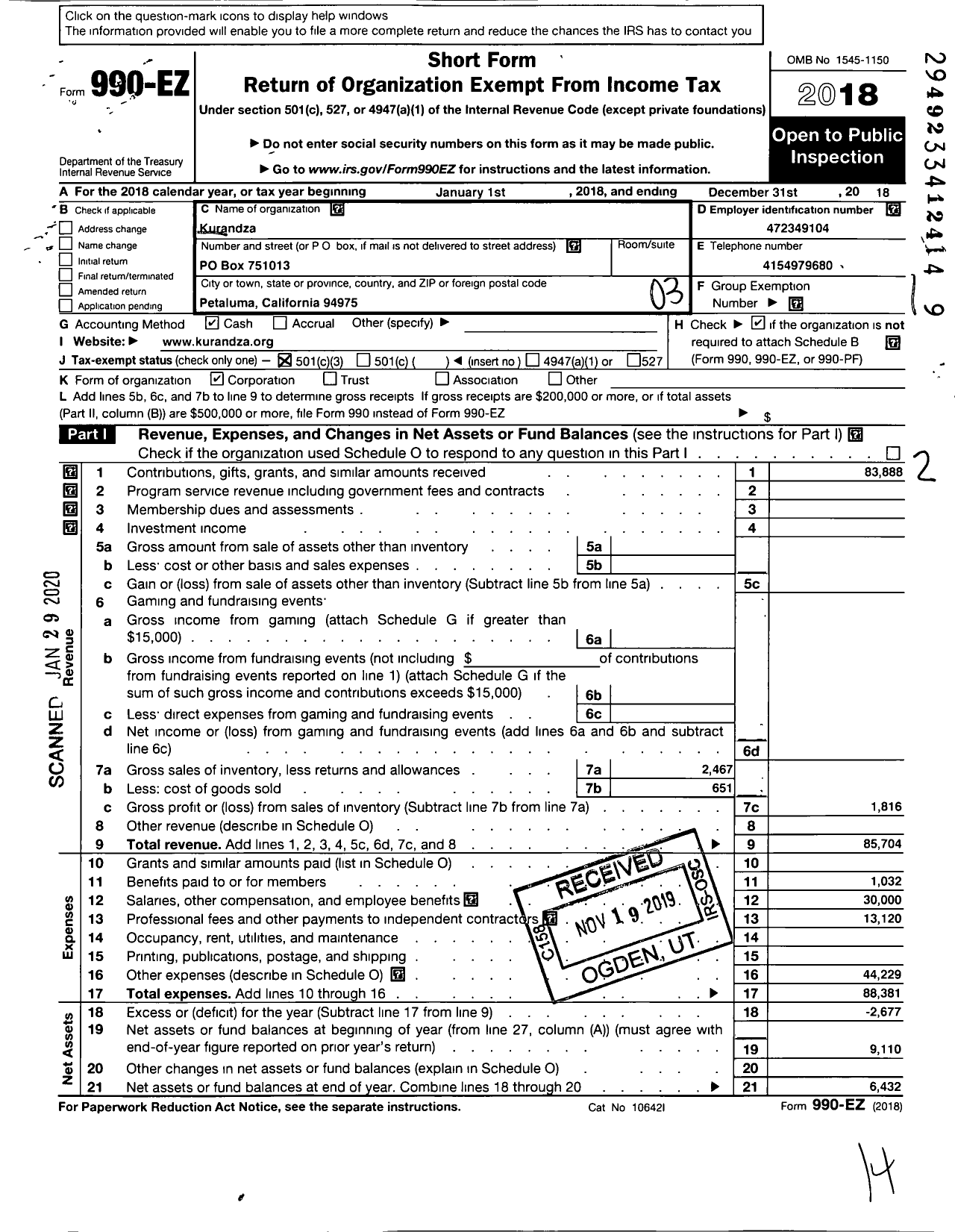 Image of first page of 2018 Form 990EZ for Kurandza