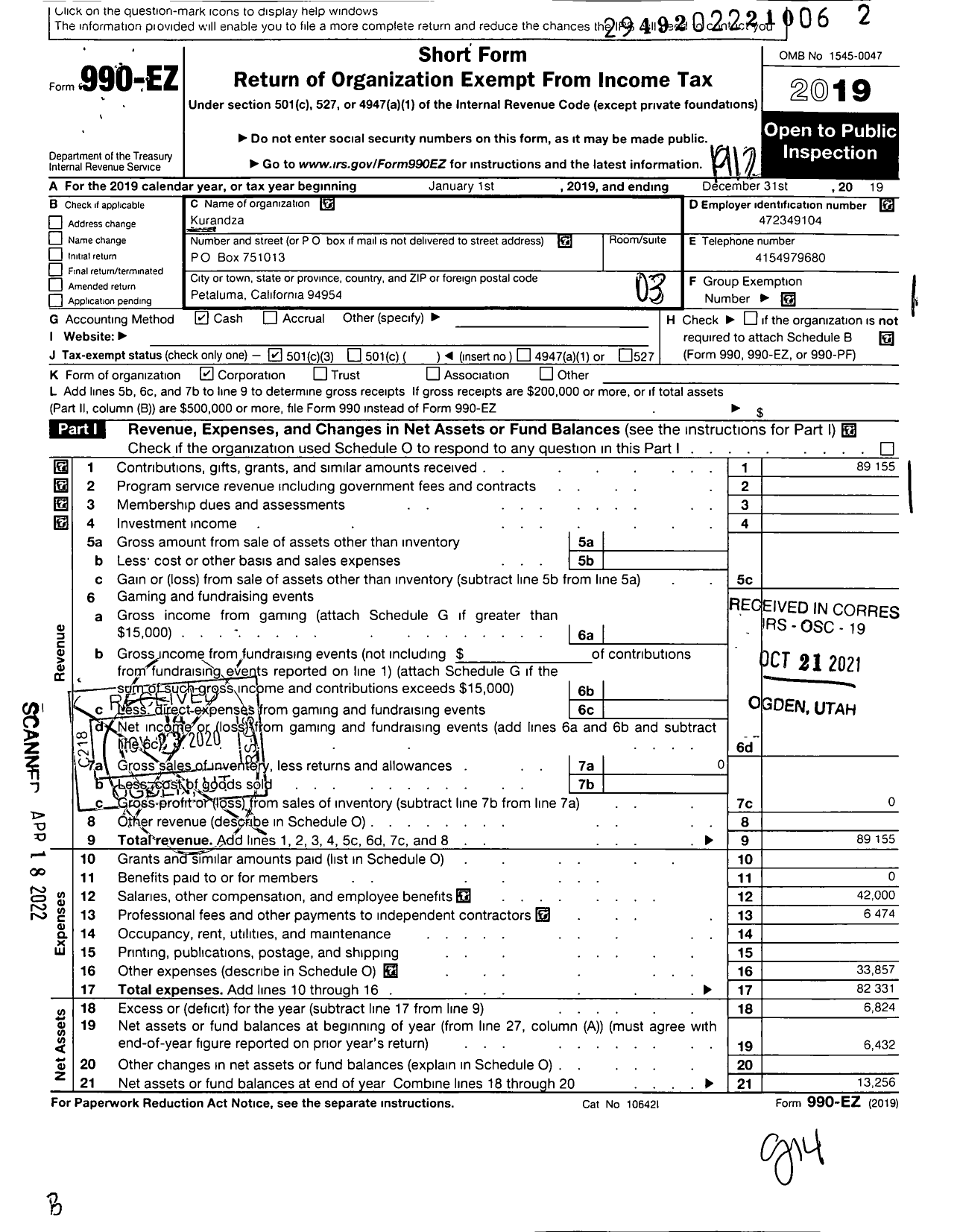 Image of first page of 2019 Form 990EZ for Kurandza