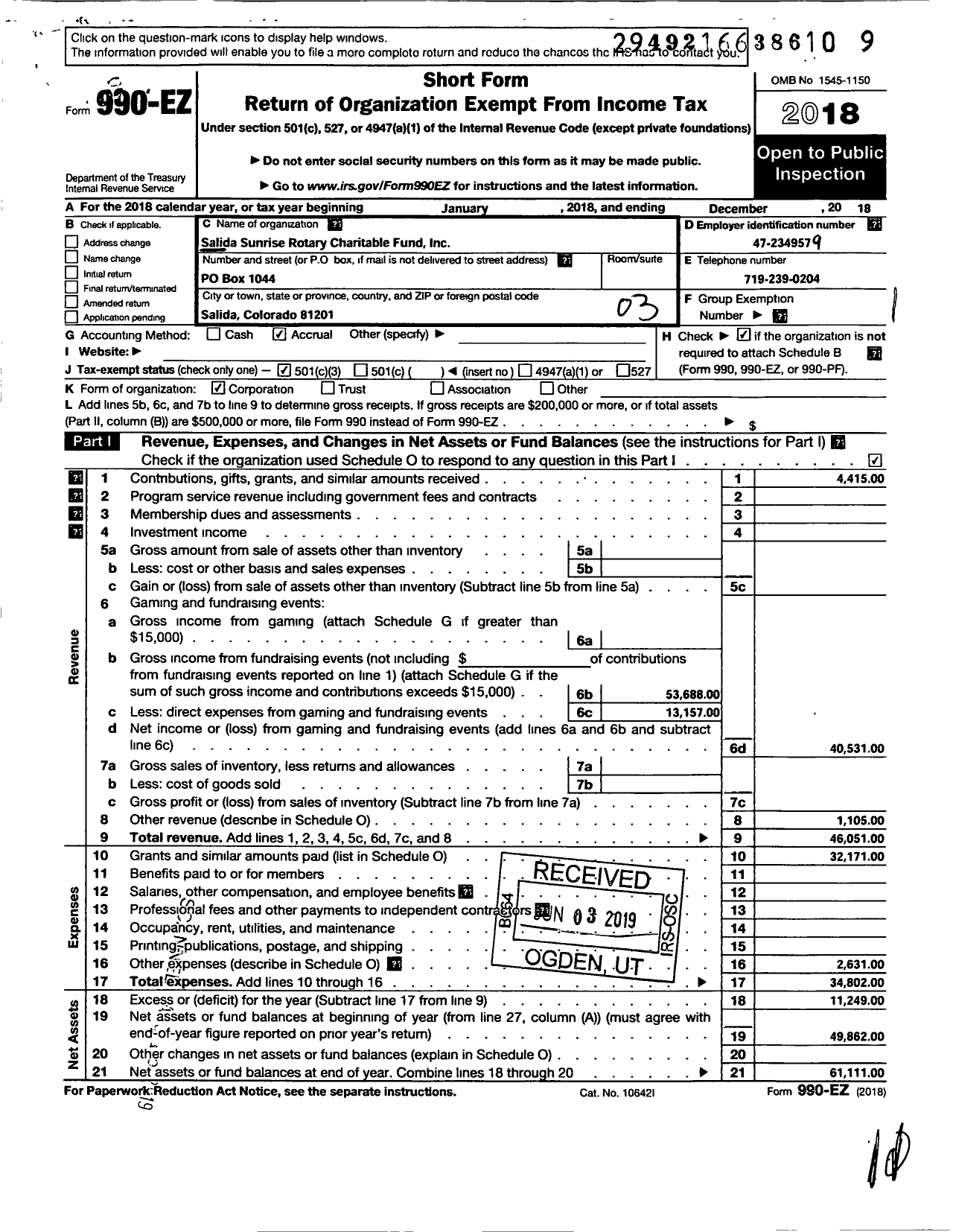 Image of first page of 2018 Form 990EZ for Salida Sunrise Rotary Charitable Fund