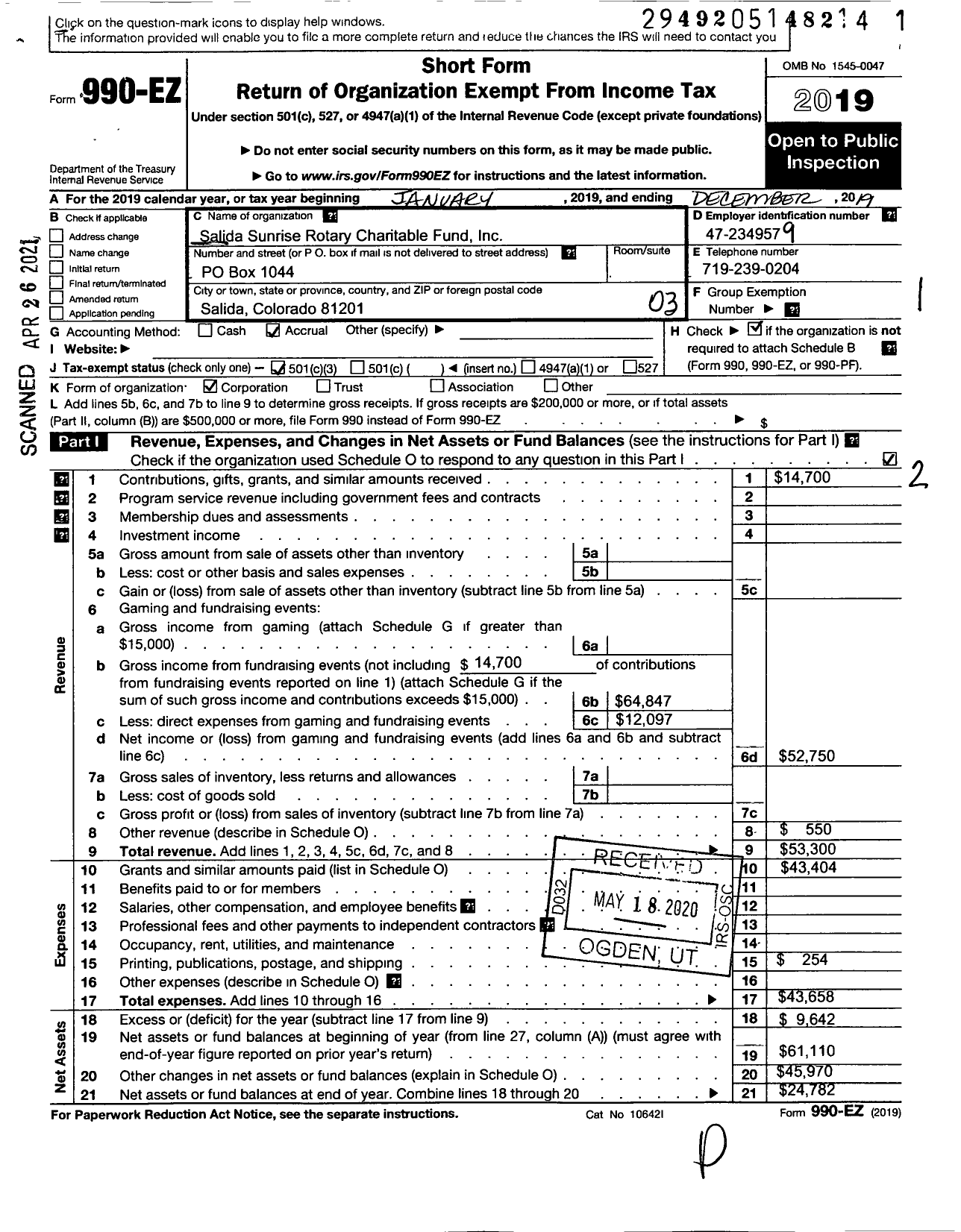 Image of first page of 2019 Form 990EZ for Salida Sunrise Rotary Charitable Fund