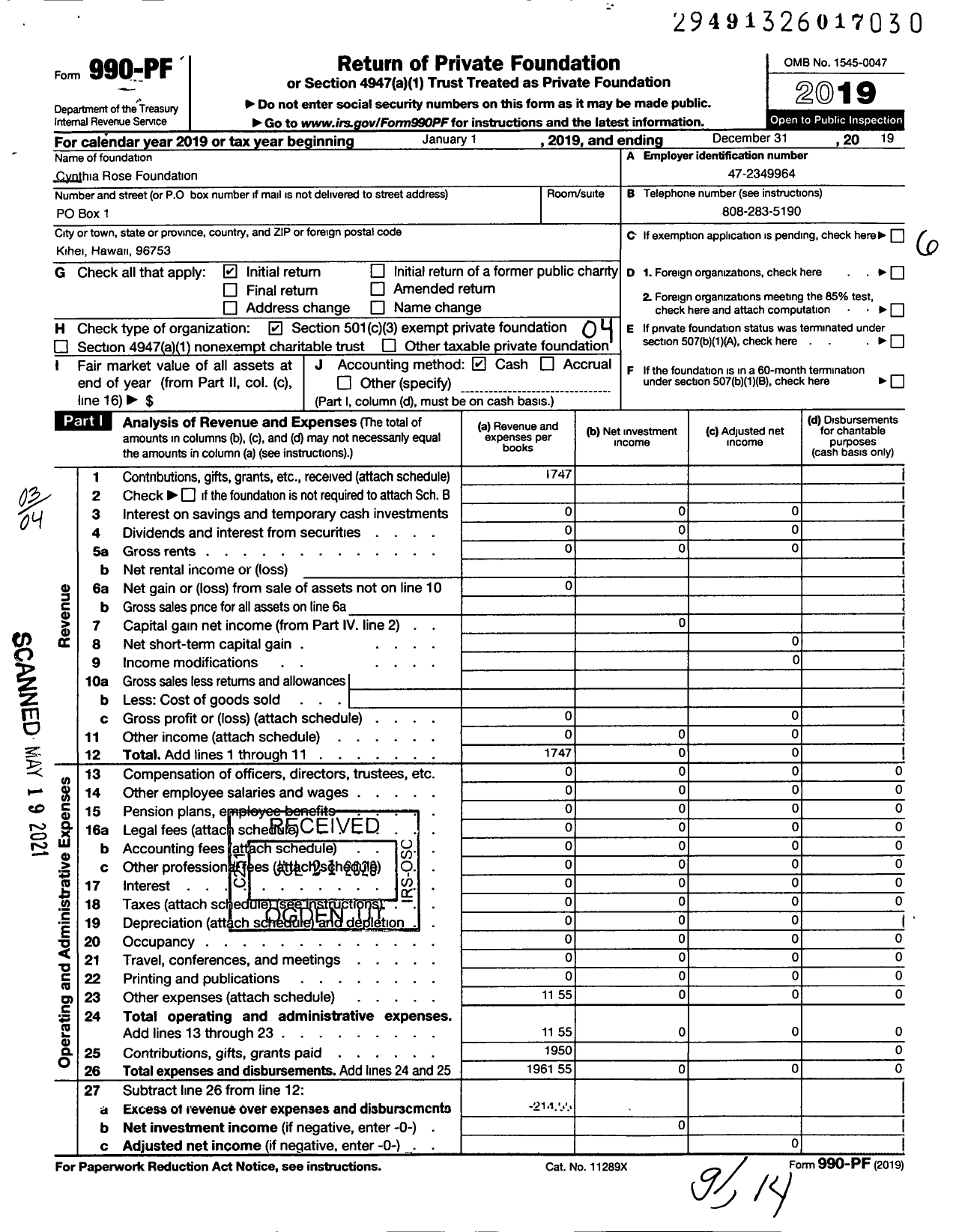 Image of first page of 2019 Form 990PF for Cynthia Rose Foundation