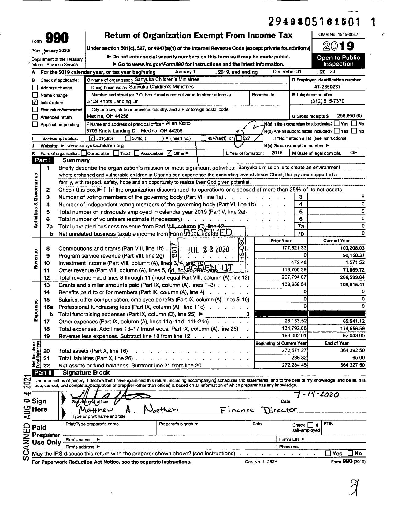 Image of first page of 2019 Form 990 for Sanyuka Childrens Ministries