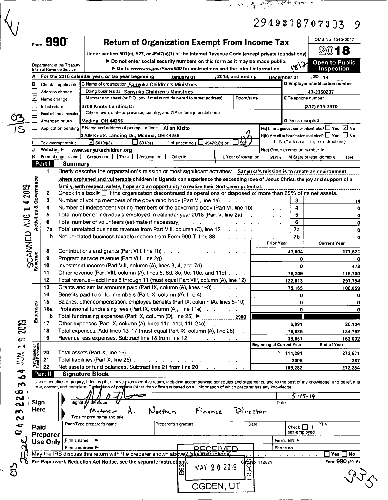 Image of first page of 2018 Form 990 for Sanyuka Childrens Ministries