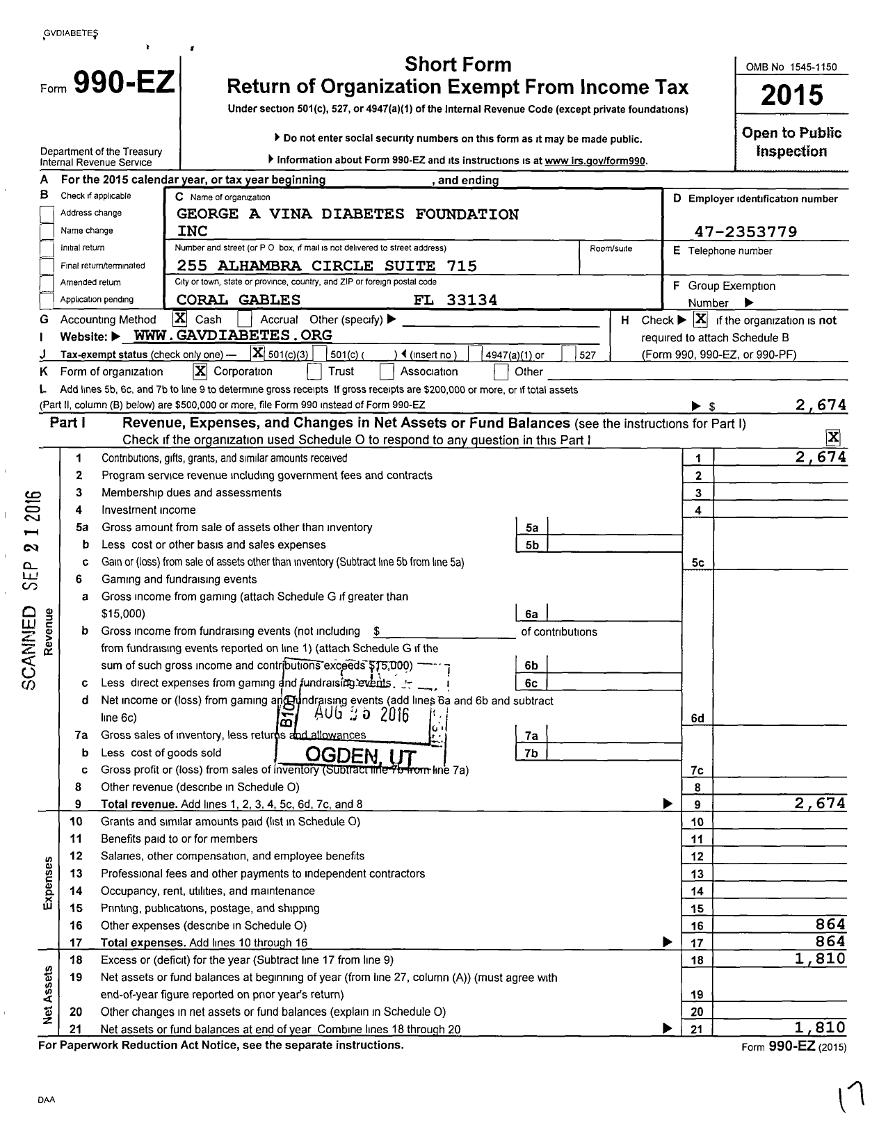 Image of first page of 2015 Form 990EZ for George A Vina Diabetes Foundation